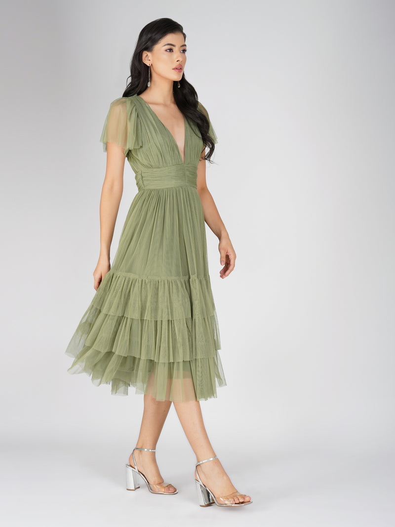 Madison Soft Olive Tulle Bridesmaid Midi Dress
