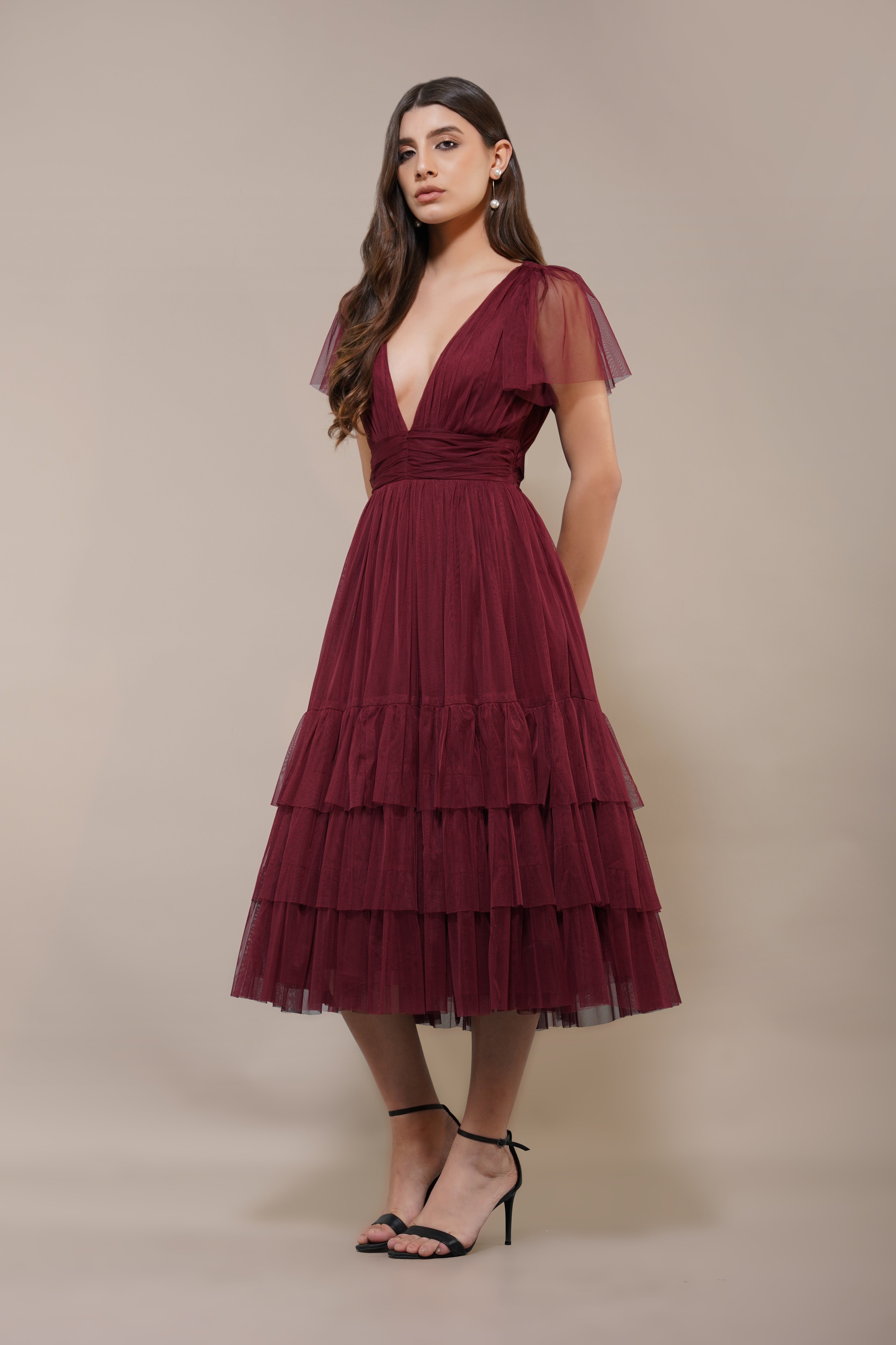 Burgundy Red Tulle Layered Midi Dress Bridesmaid Wedding