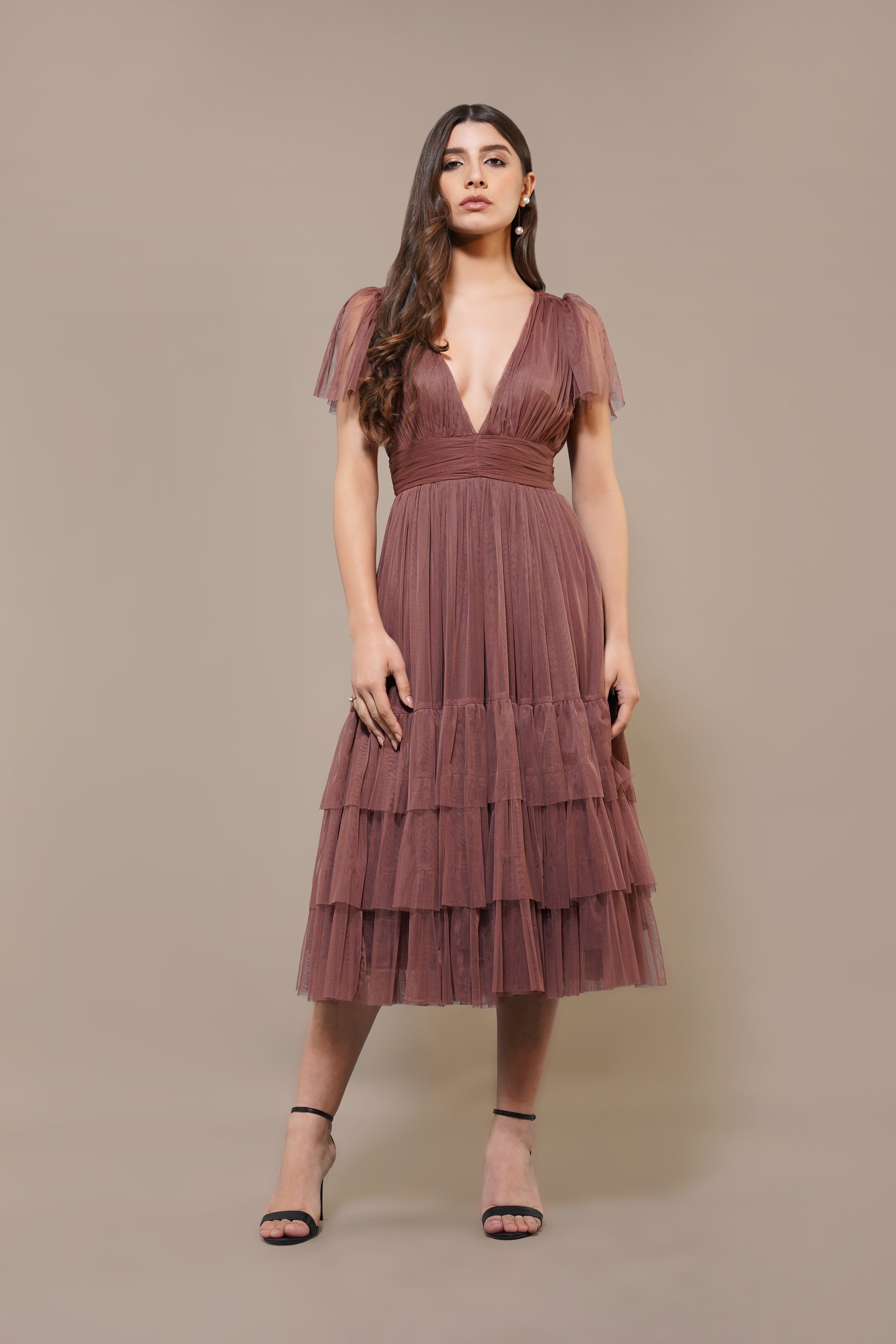 Tulle rose brown midi dress short-sleeve tiered-skirt