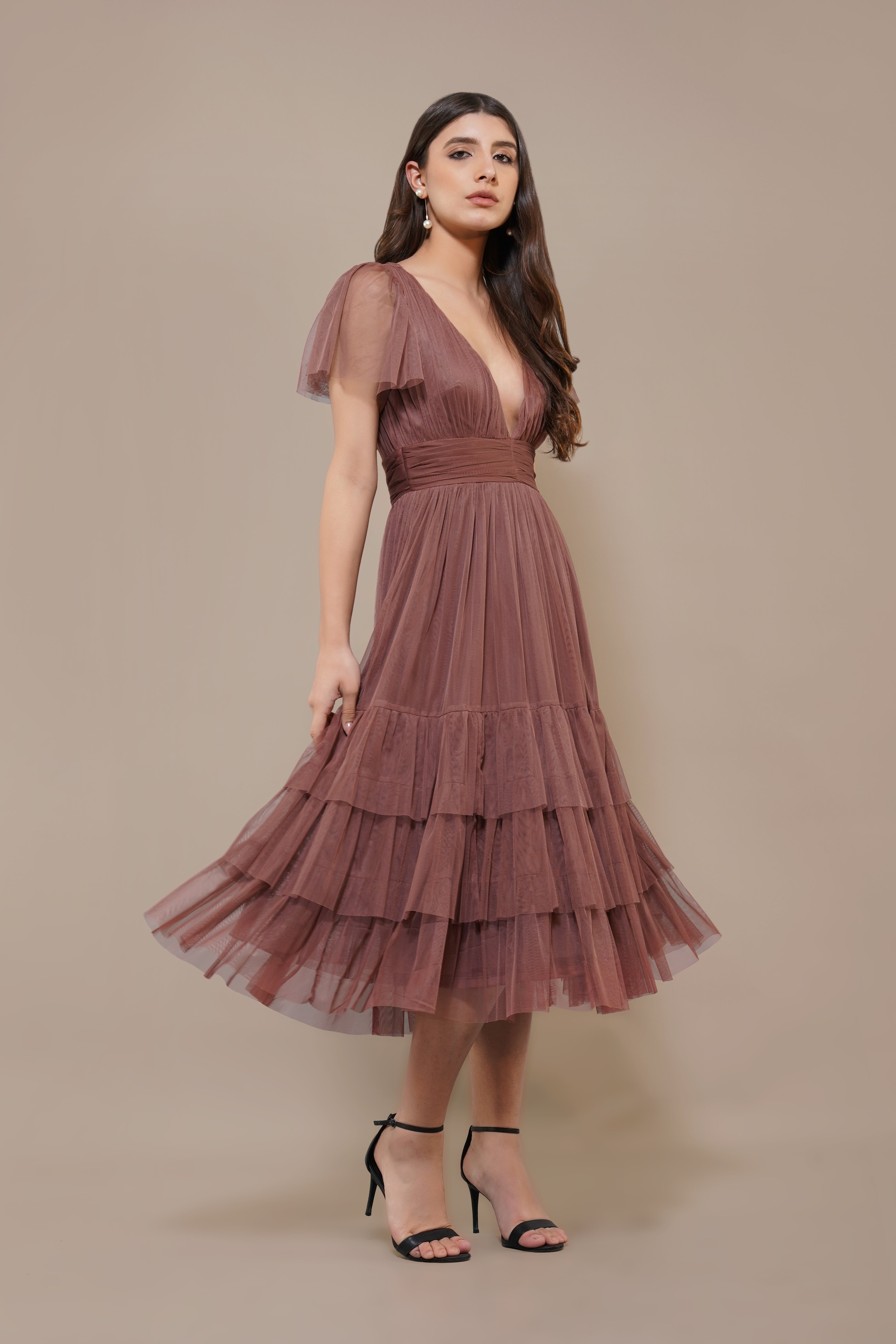 Madison Rose Brown Tulle Bridesmaid Midi Dress