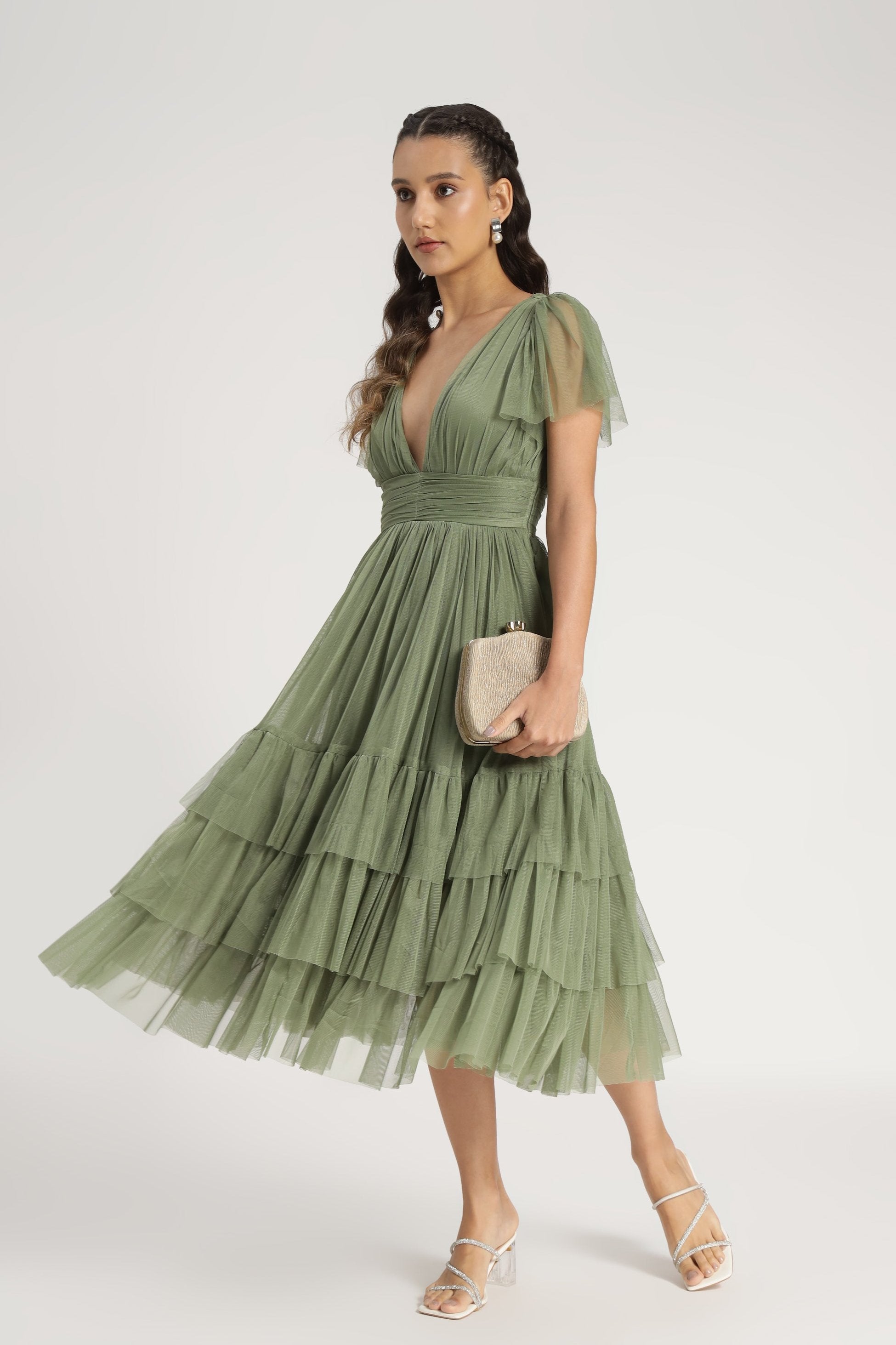 Madison Soft Olive Tulle Bridesmaid Midi Dress