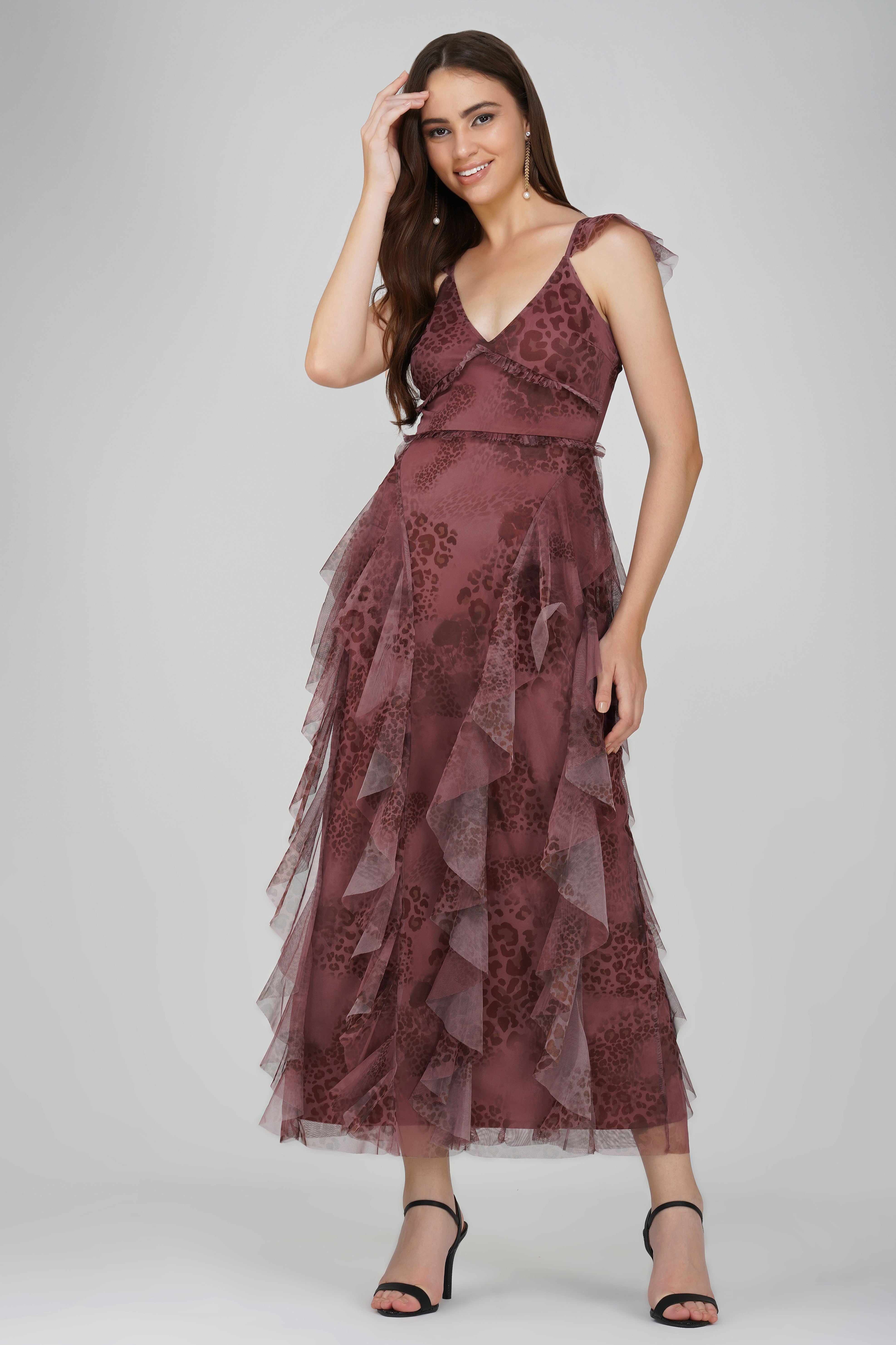 leopard print brown purple ruffle tulle maxi dress short-sleeve