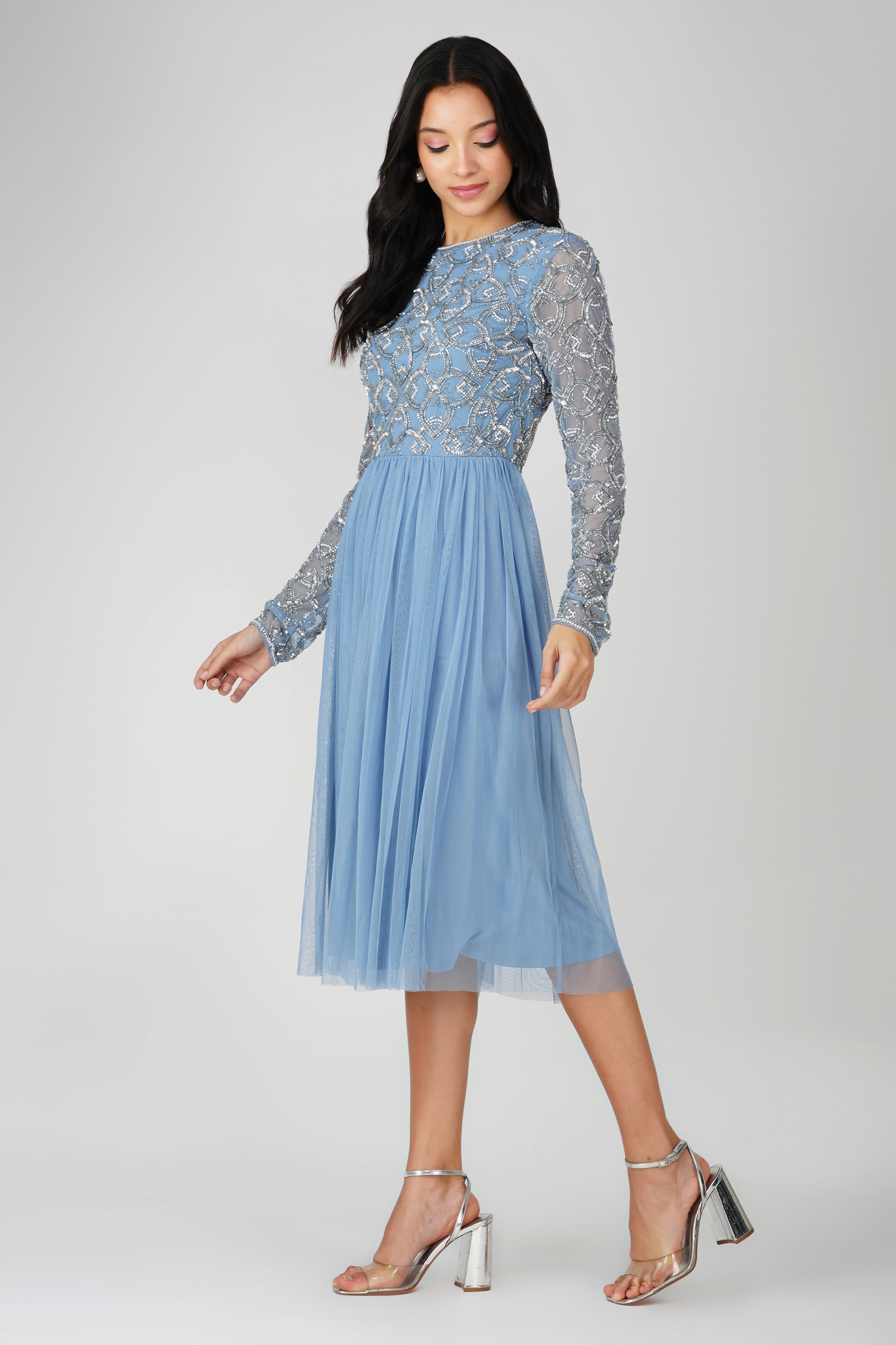 Mandarin Embellished Midi Dress in Powder Blue