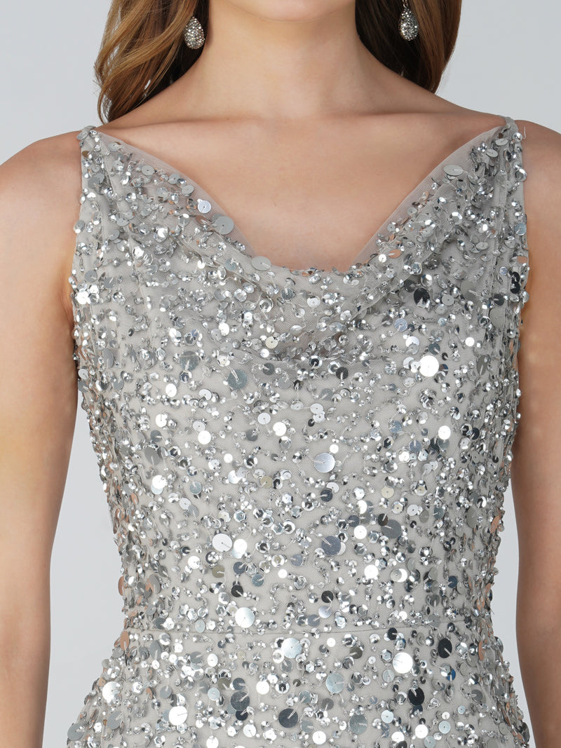 Marita Embellished Midi Dress in Silver