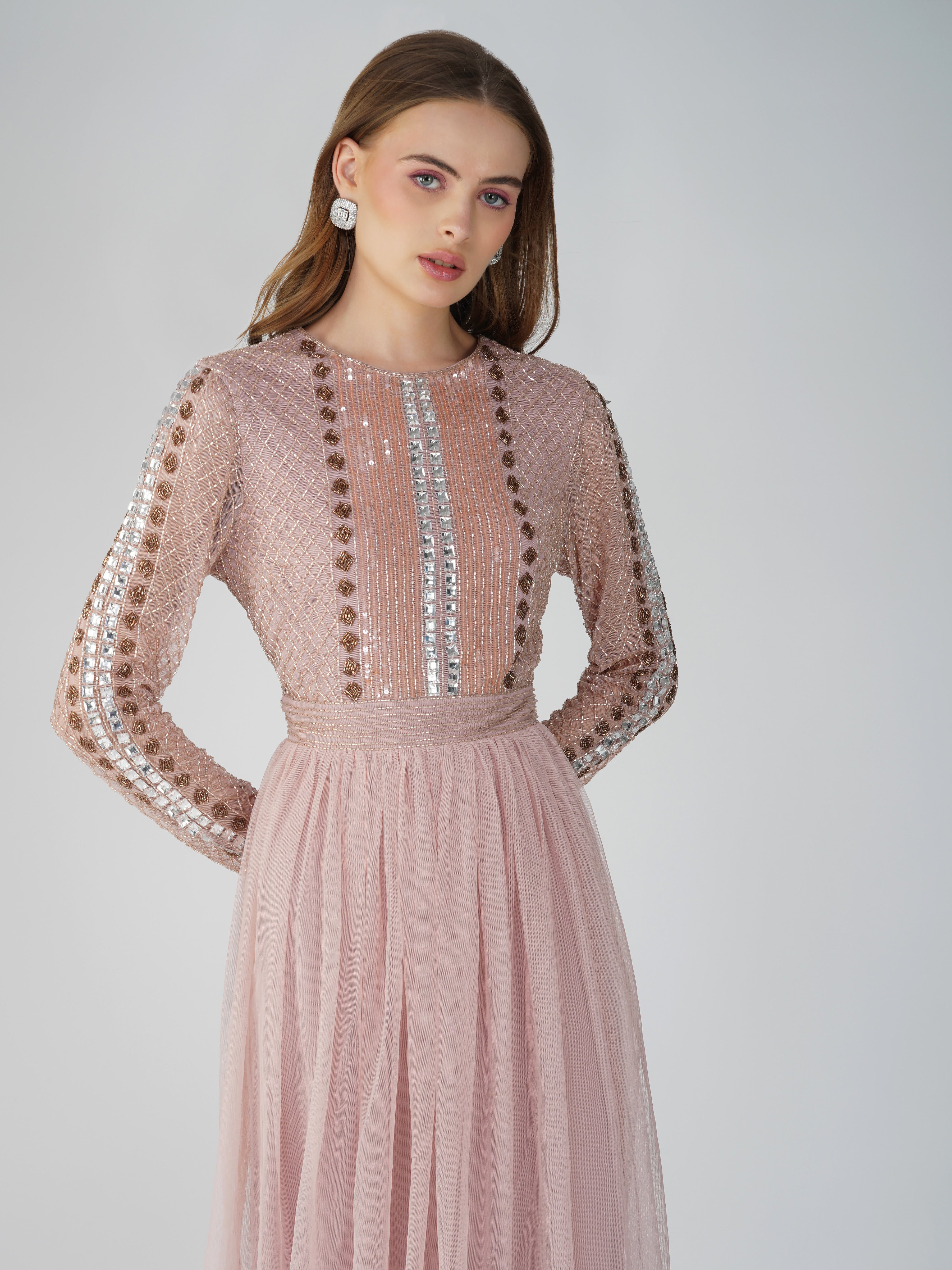 Melinda Long Sleeve Embellished Maxi Dress in Blush Pink