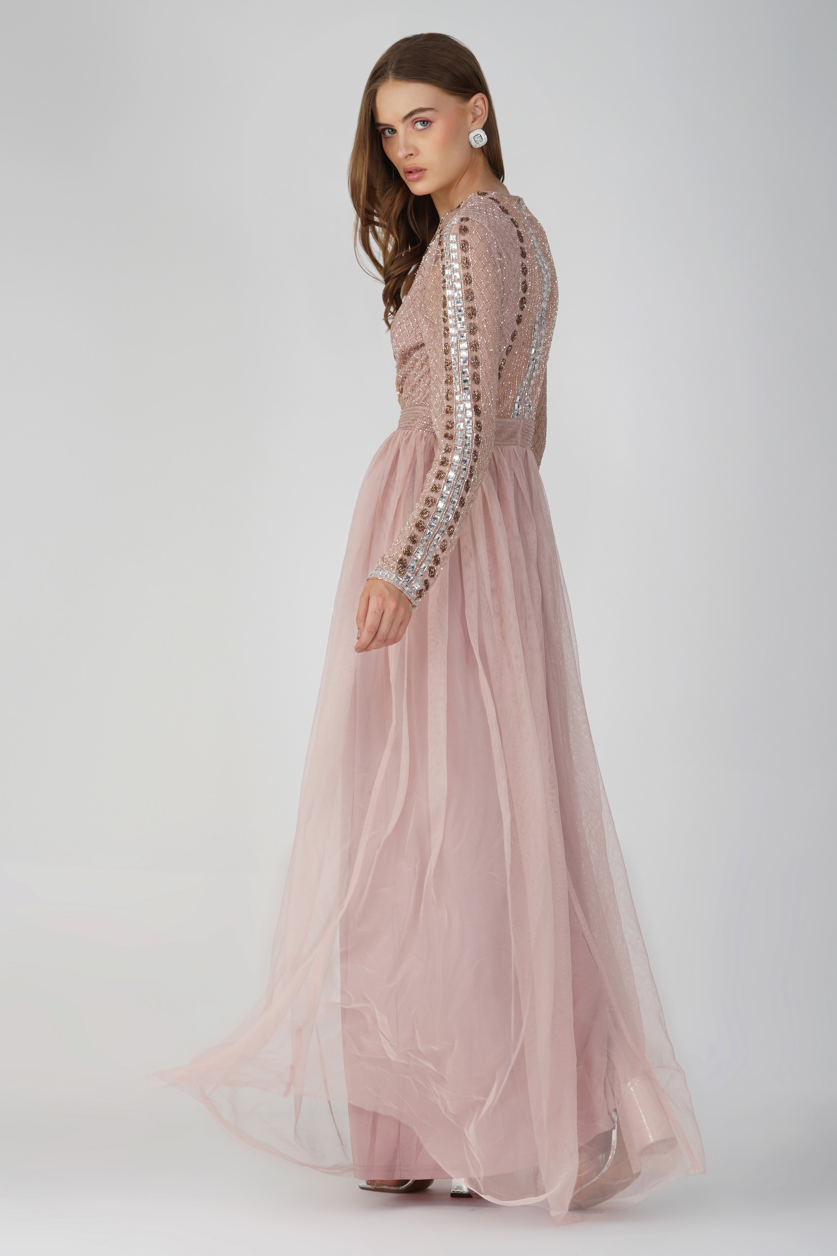 Melinda Long Sleeve Embellished Maxi Dress in Blush Pink