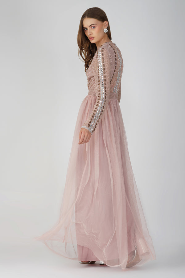 Melinda Long Sleeve Embellished Maxi Dress in Blush Pink
