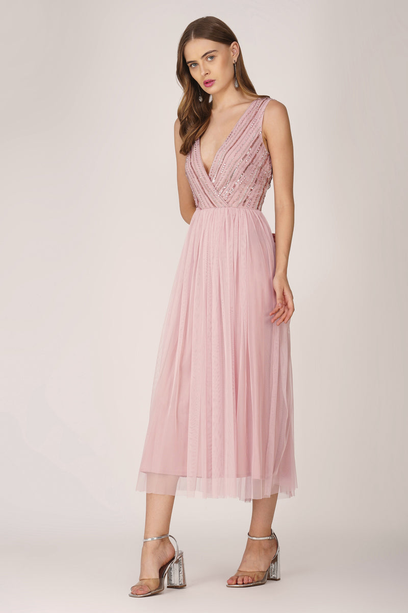 Millie Midi Embellished Dress in Pink