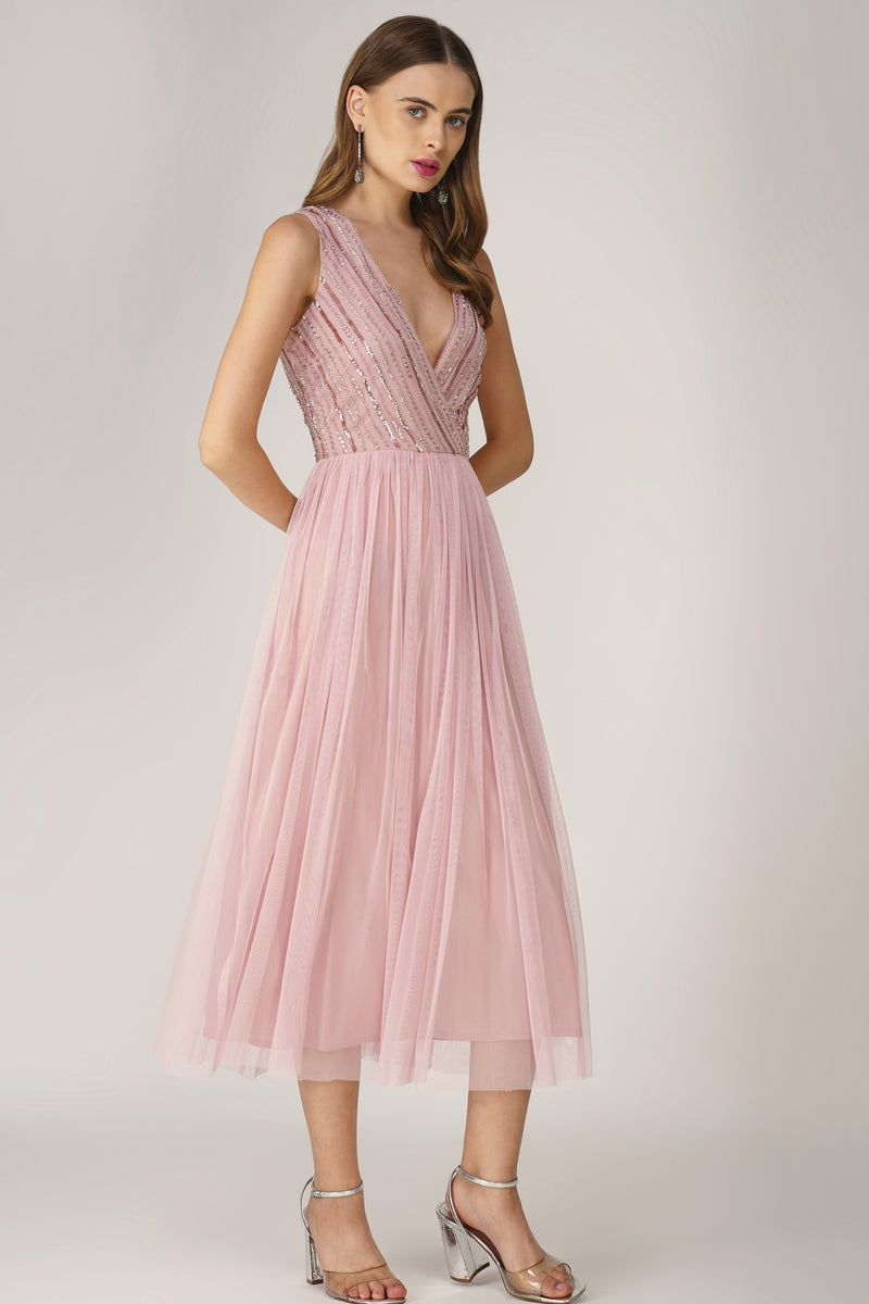 Millie Midi Embellished Dress in Pink