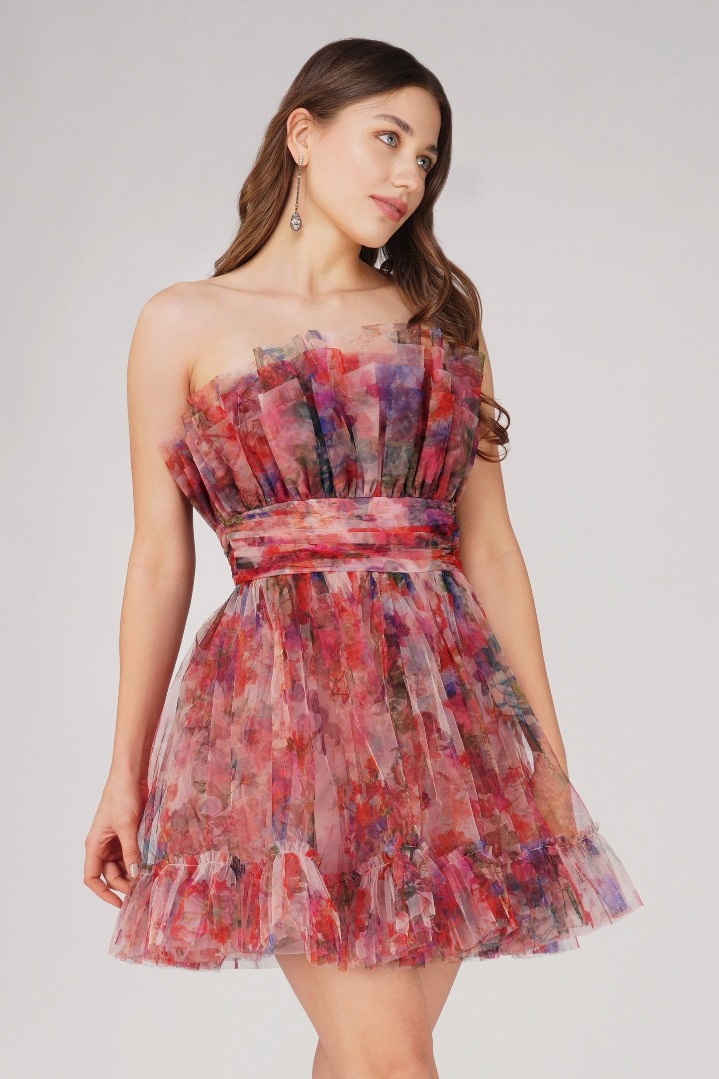 Nanita Tulle Mini Dress in Mixed Floral