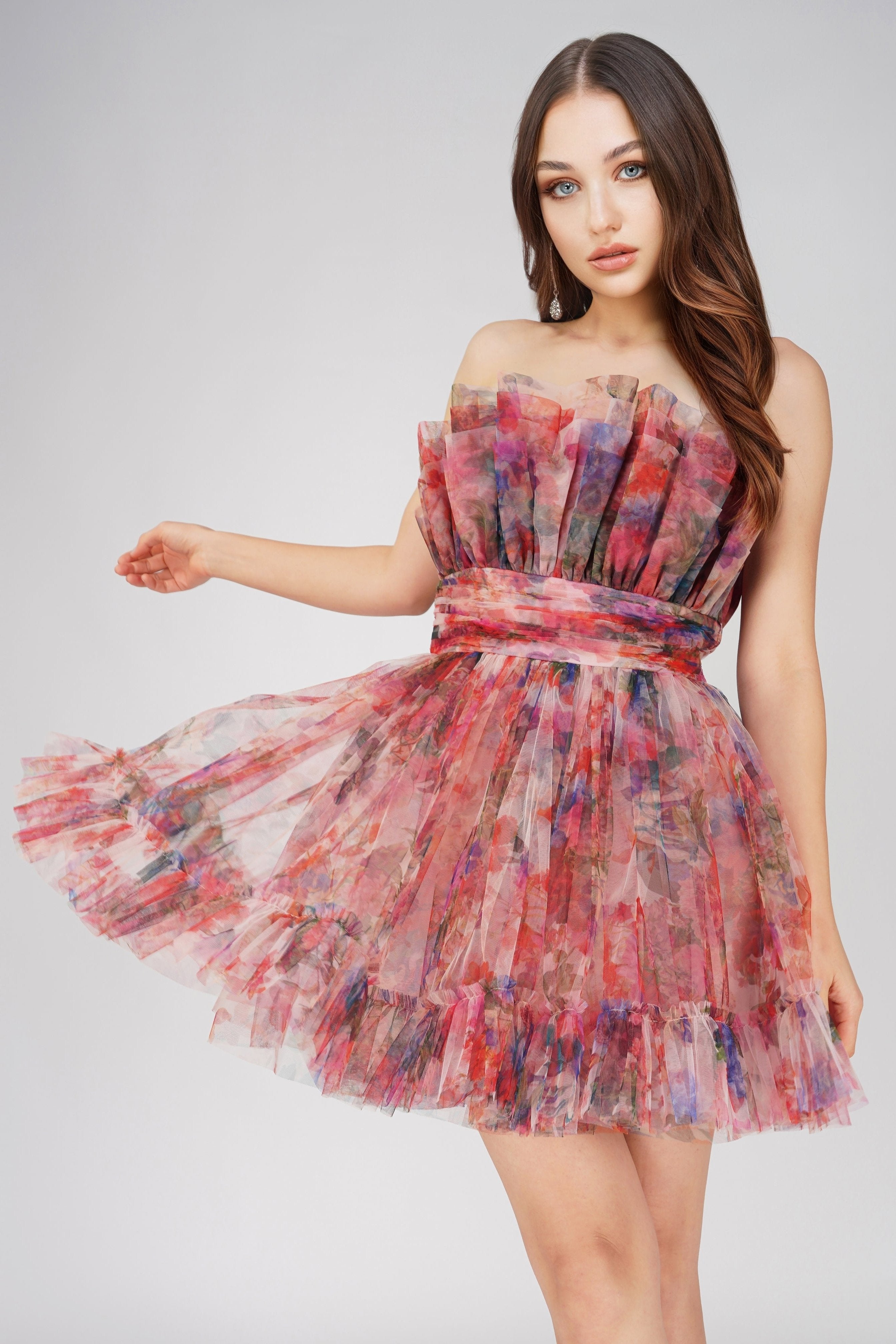 Nanita Tulle Mini Dress in Mixed Floral