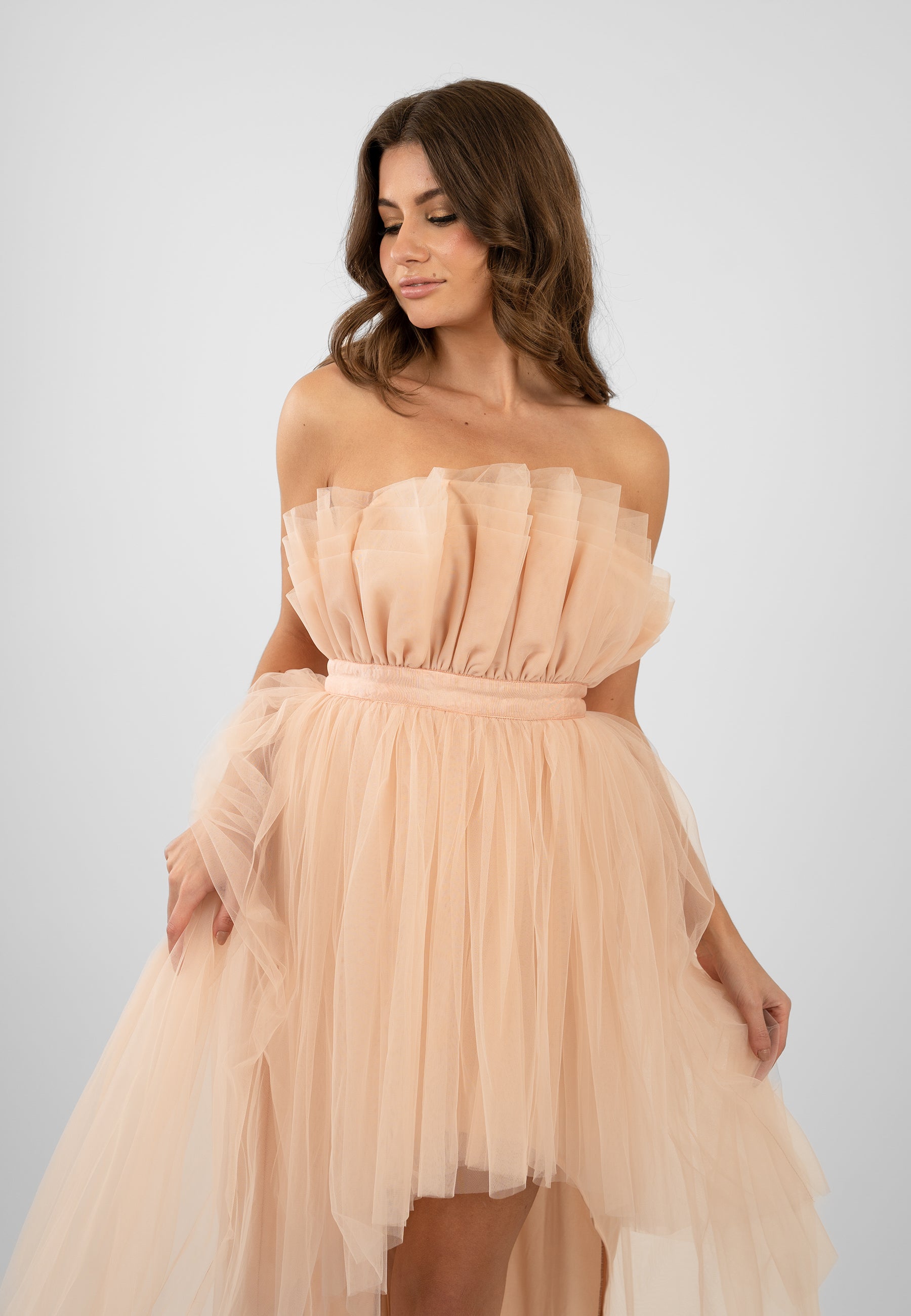 Nidha High Low Tulle Dress in Nude