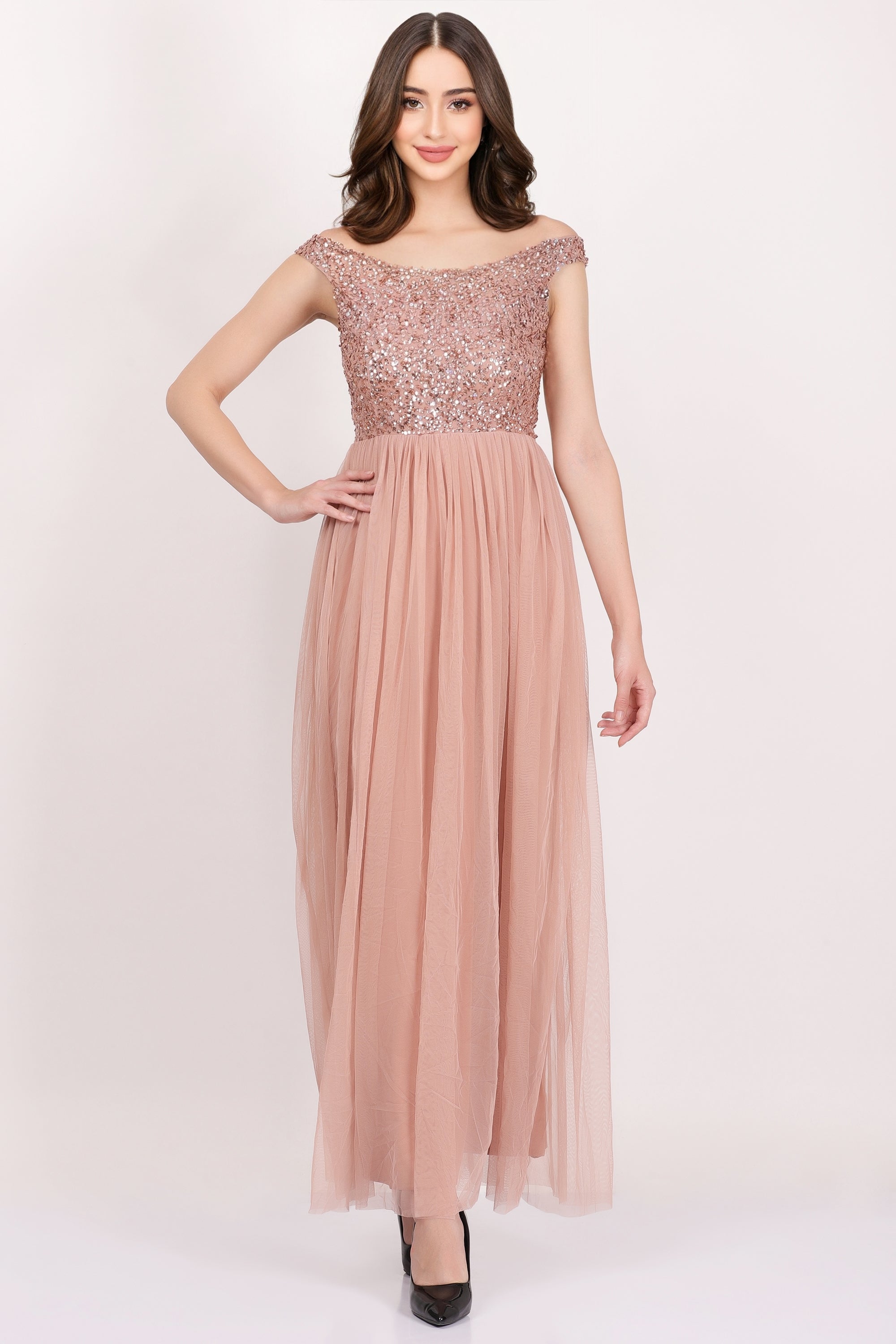 Nina Taupe Embellished Bridesmaid Maxi Dress