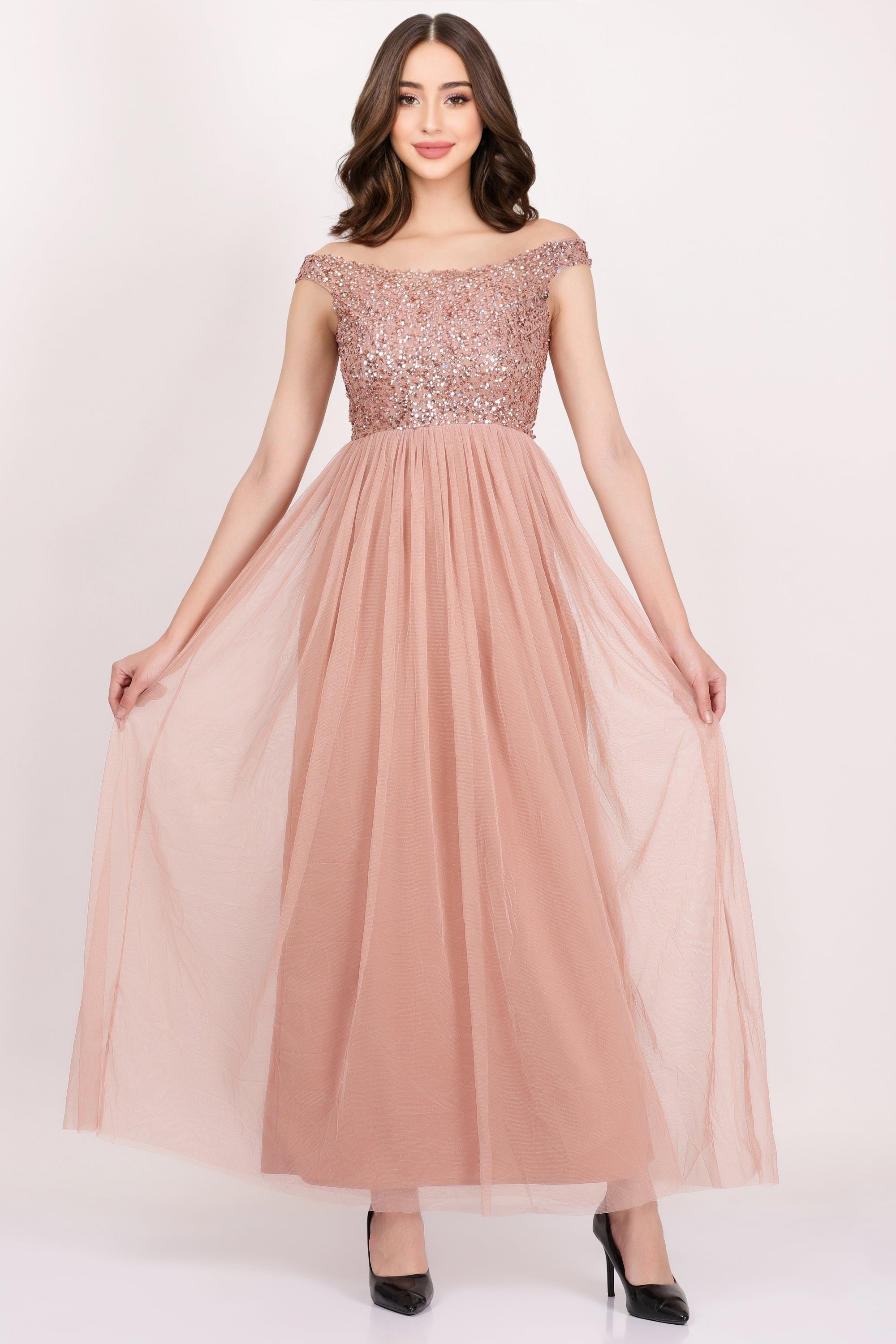 Nina Taupe Embellished Bridesmaid Maxi Dress