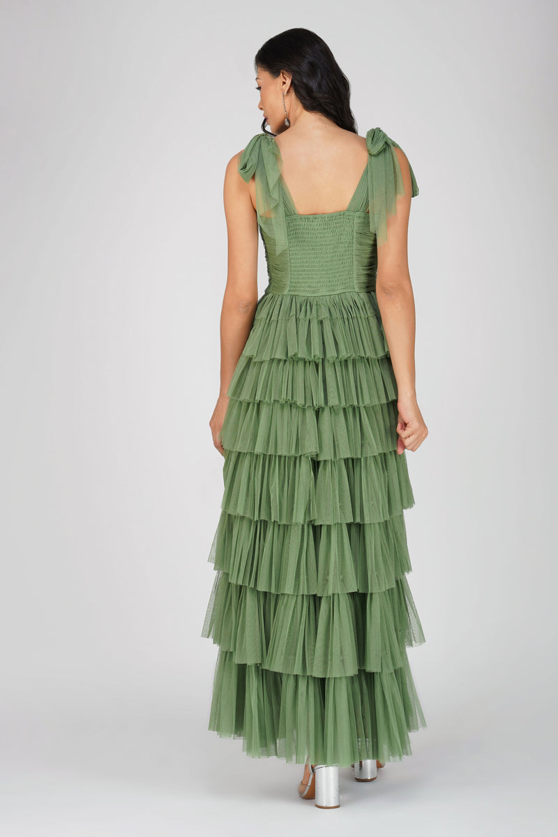 Ophelia Olive Green Maxi Dress with Tie Detail