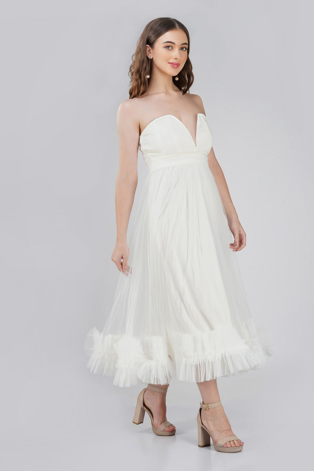 Lace & Beads ruffle hem tulle corset midaxi dress in ivory