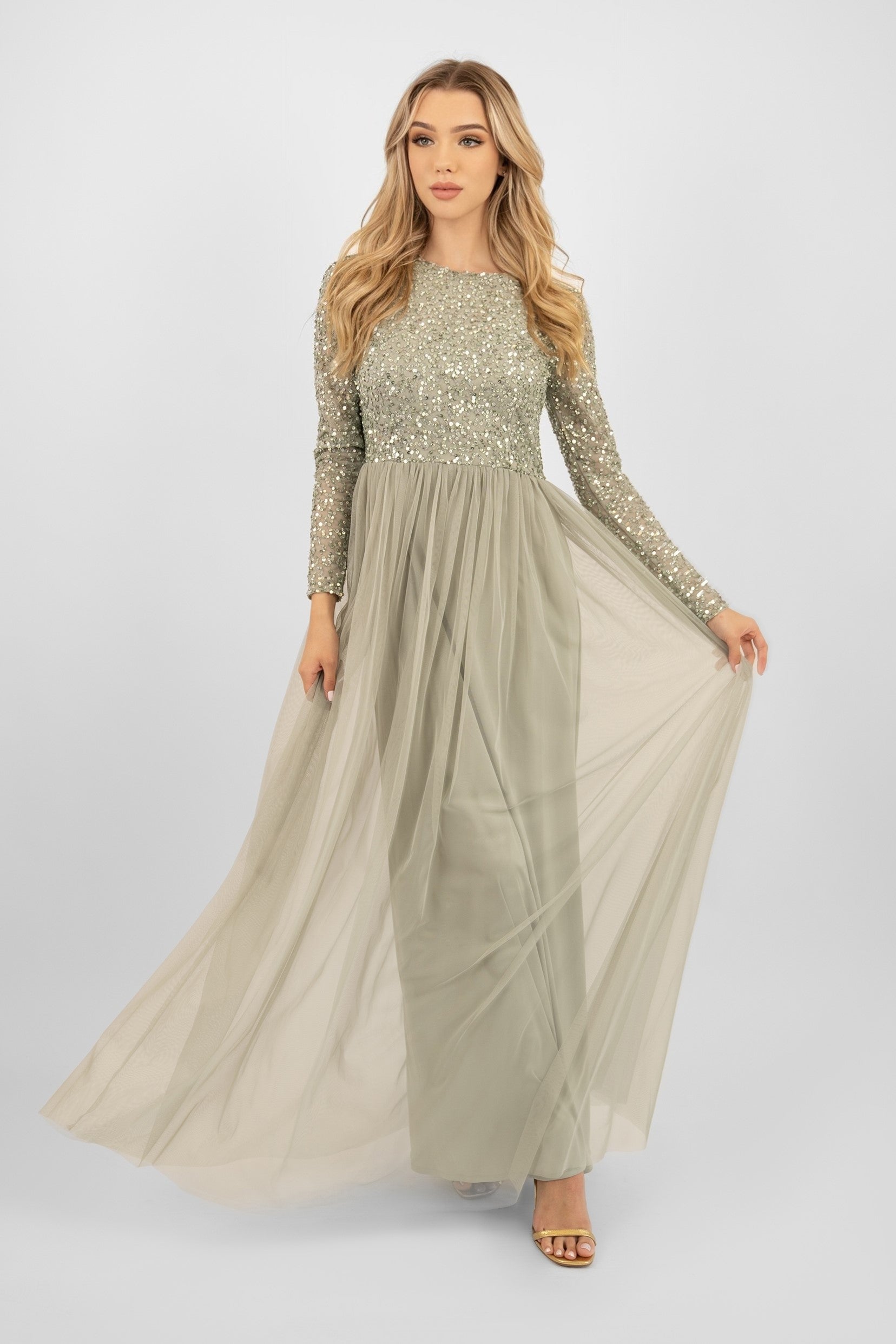 Belle Sage Green Long Sleeve Bridesmaid Dress – Lace & Beads