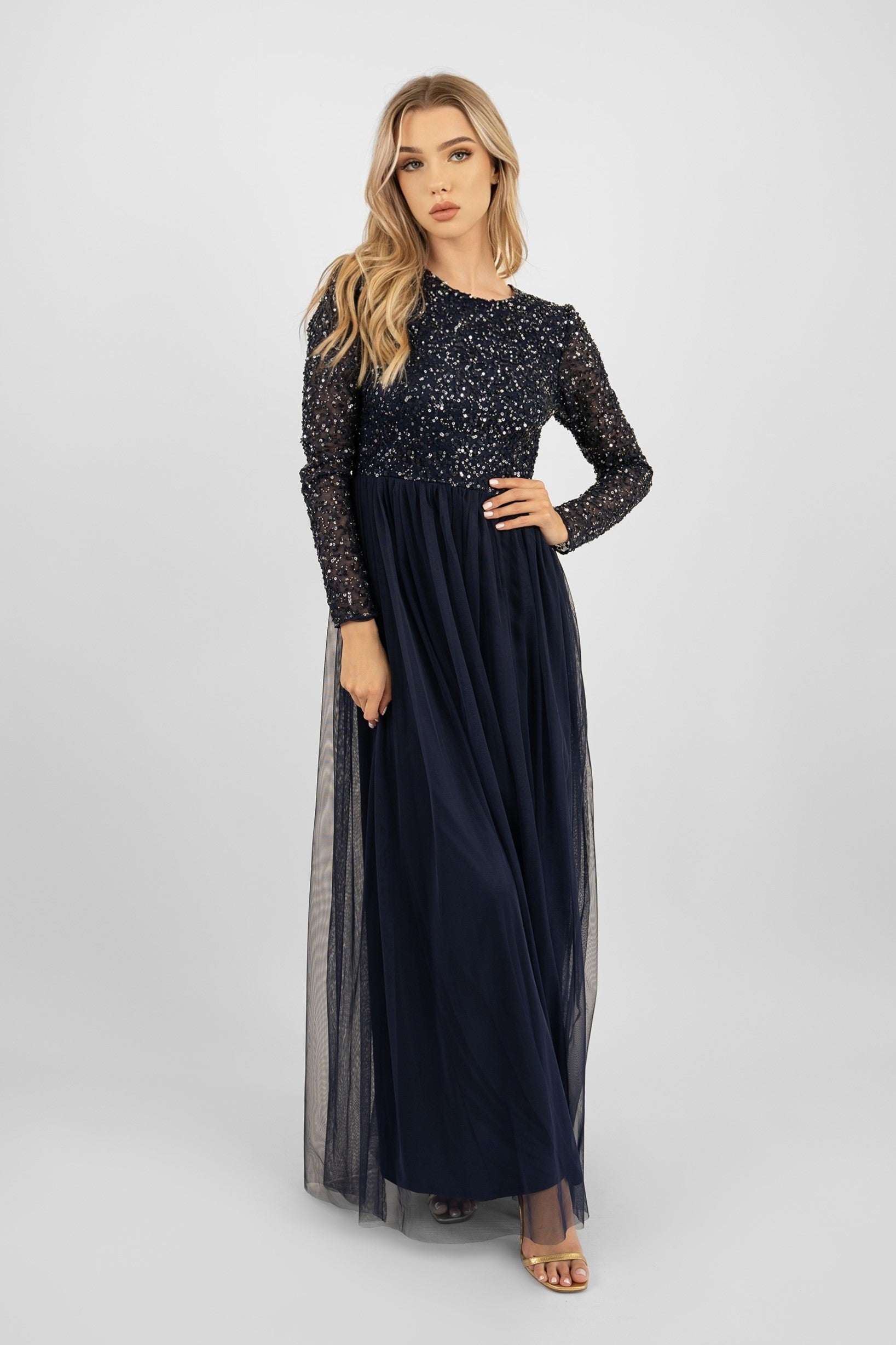 navy-blue-long-sleeve-bridesmaid-dress