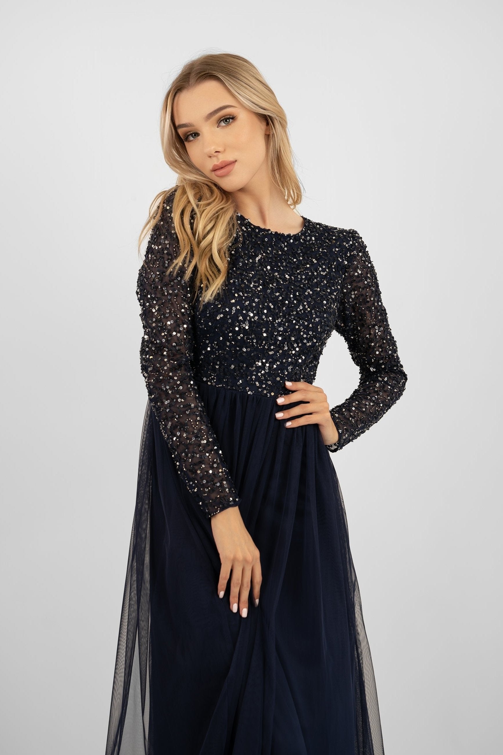 navy-blue-long-sleeve-bridesmaid-dress