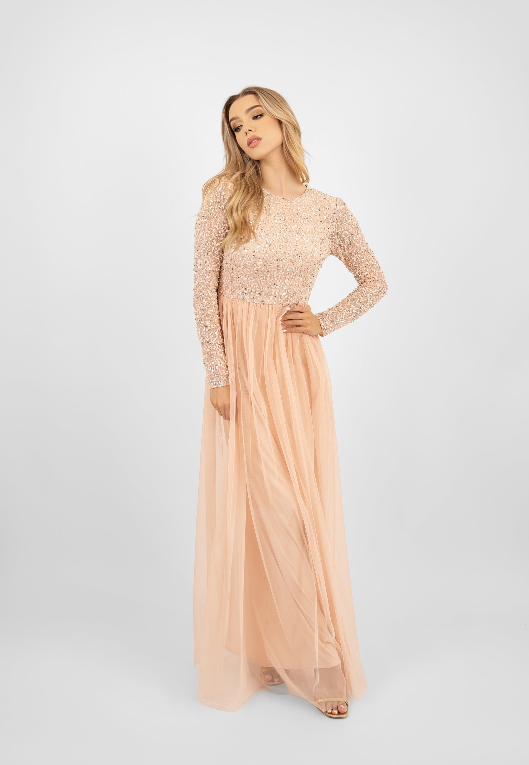 blush-pink-long-sleeve-bridesmaid-dress