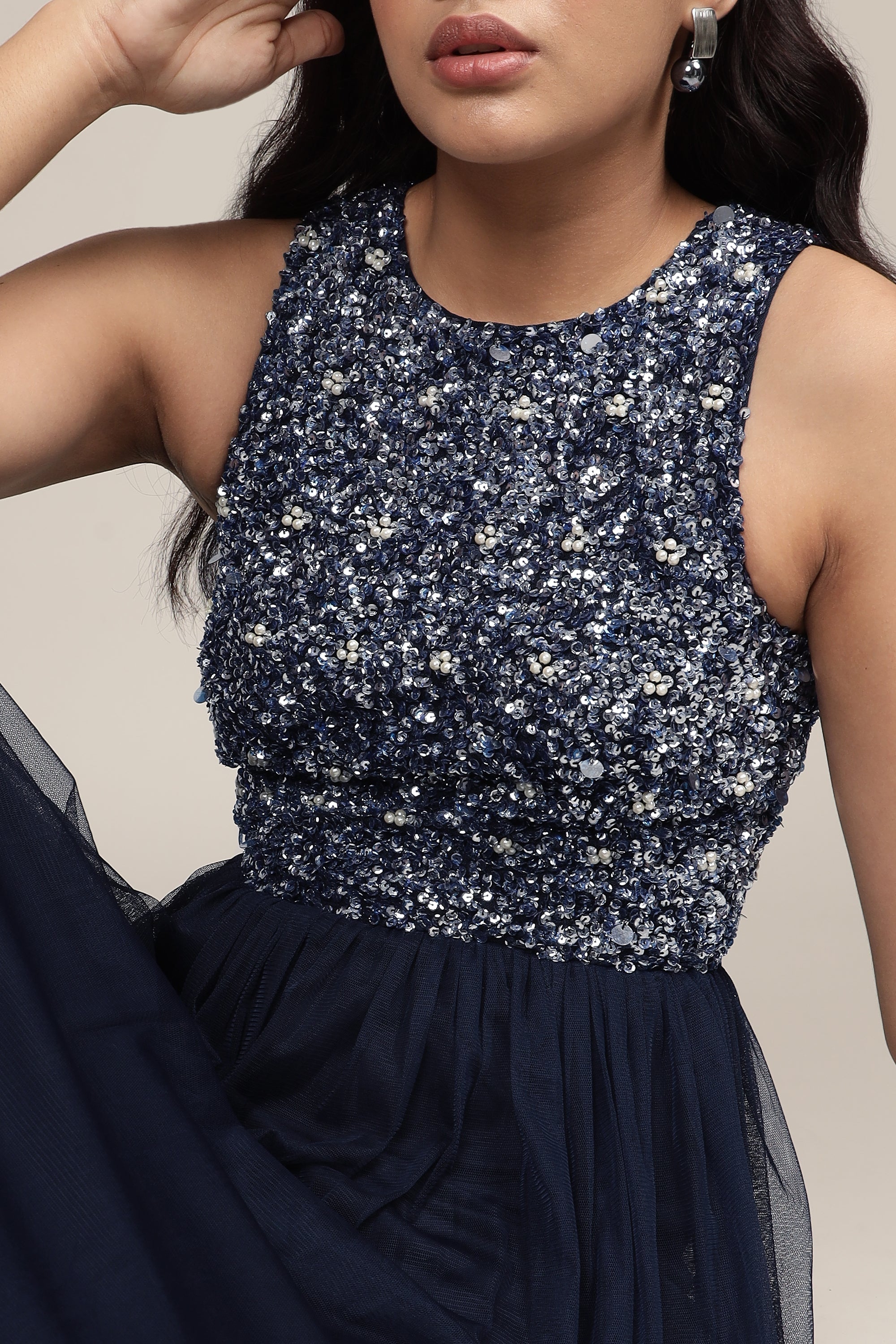 Picasso Embellished Maxi Dress in Navy with Pearl Beads