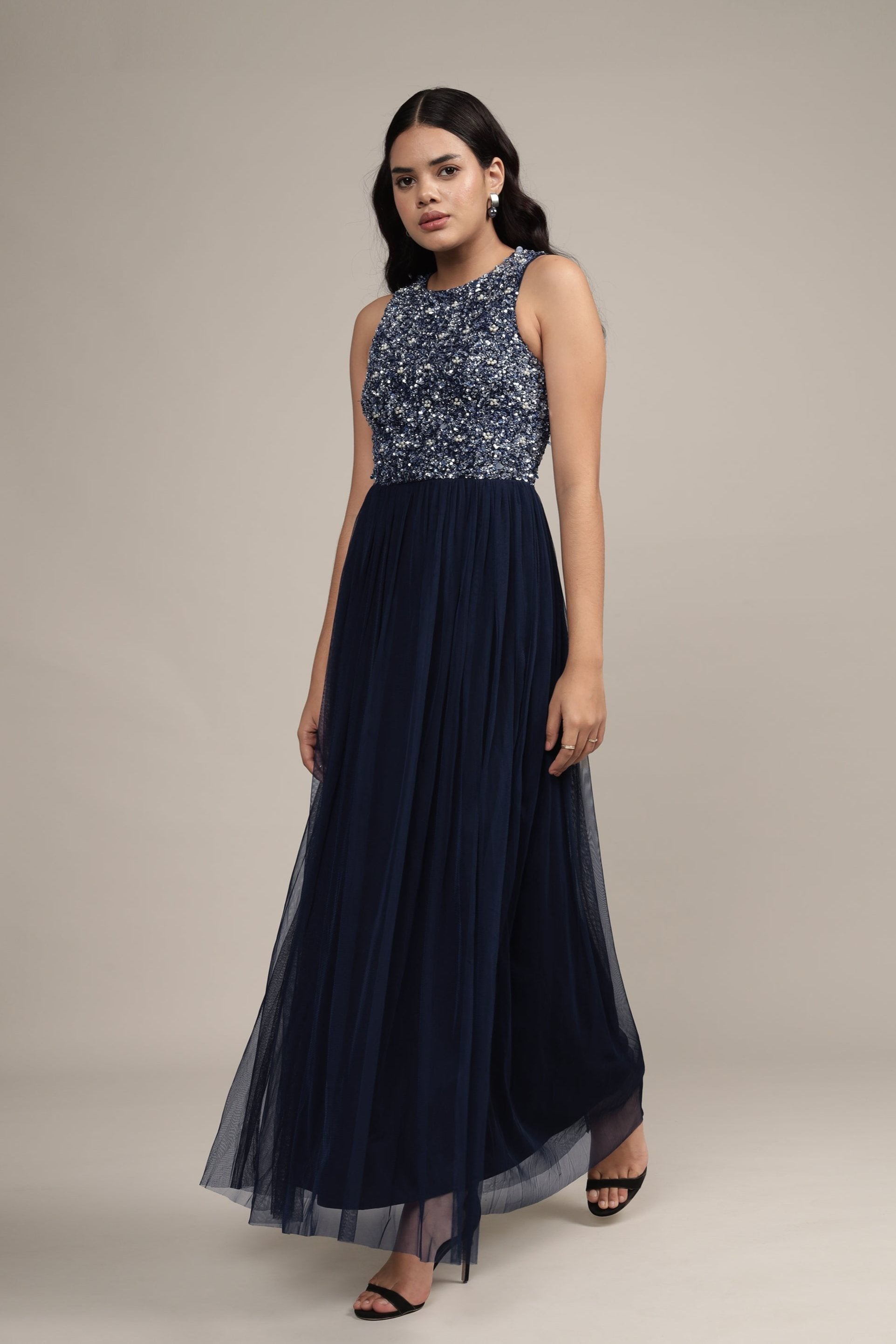 Picasso Embellished Maxi Dress in Navy with Pearl Beads