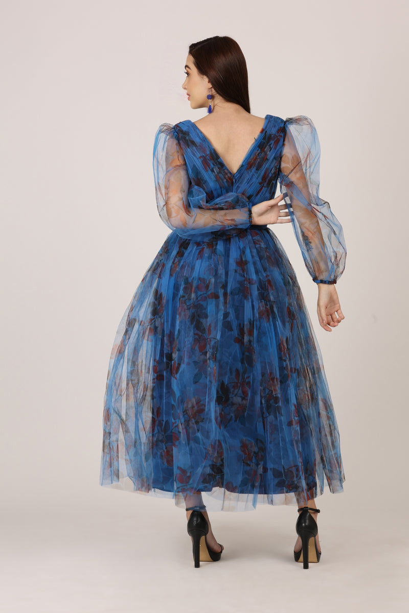 Quincy Midi Dress in Blue Floral