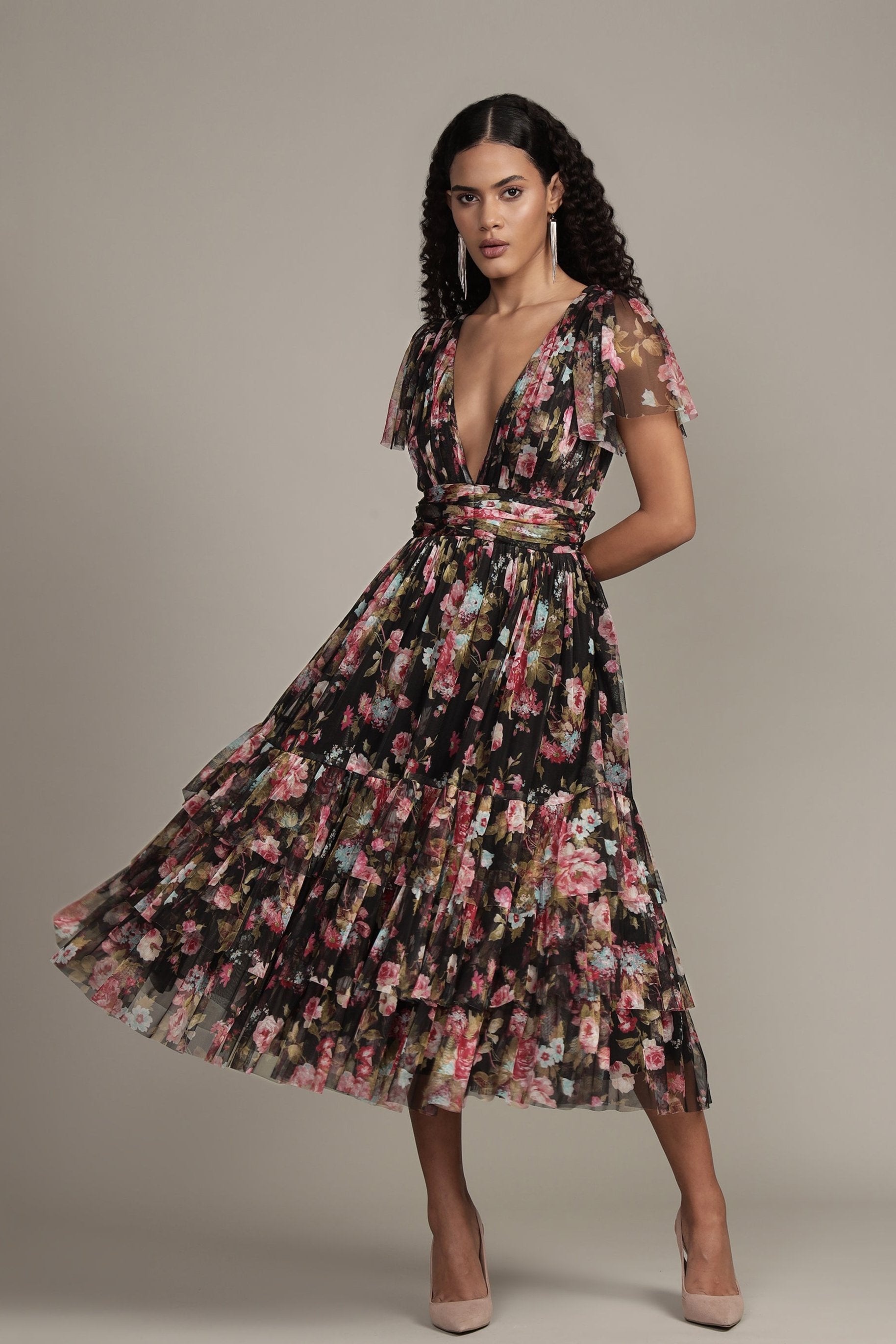 Madison Black Floral Tulle Midi Dress