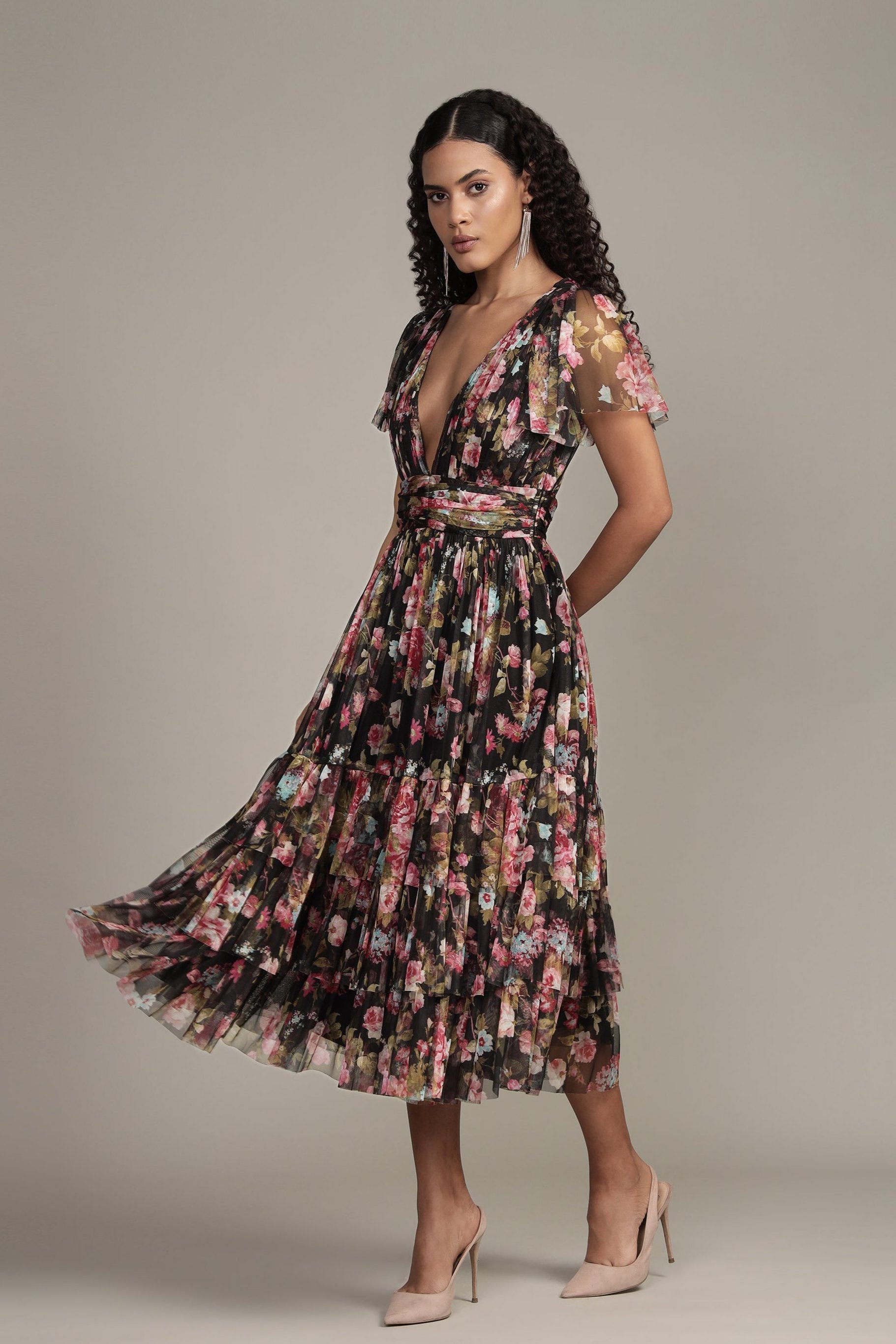 Madison Black Floral Tulle Midi Dress