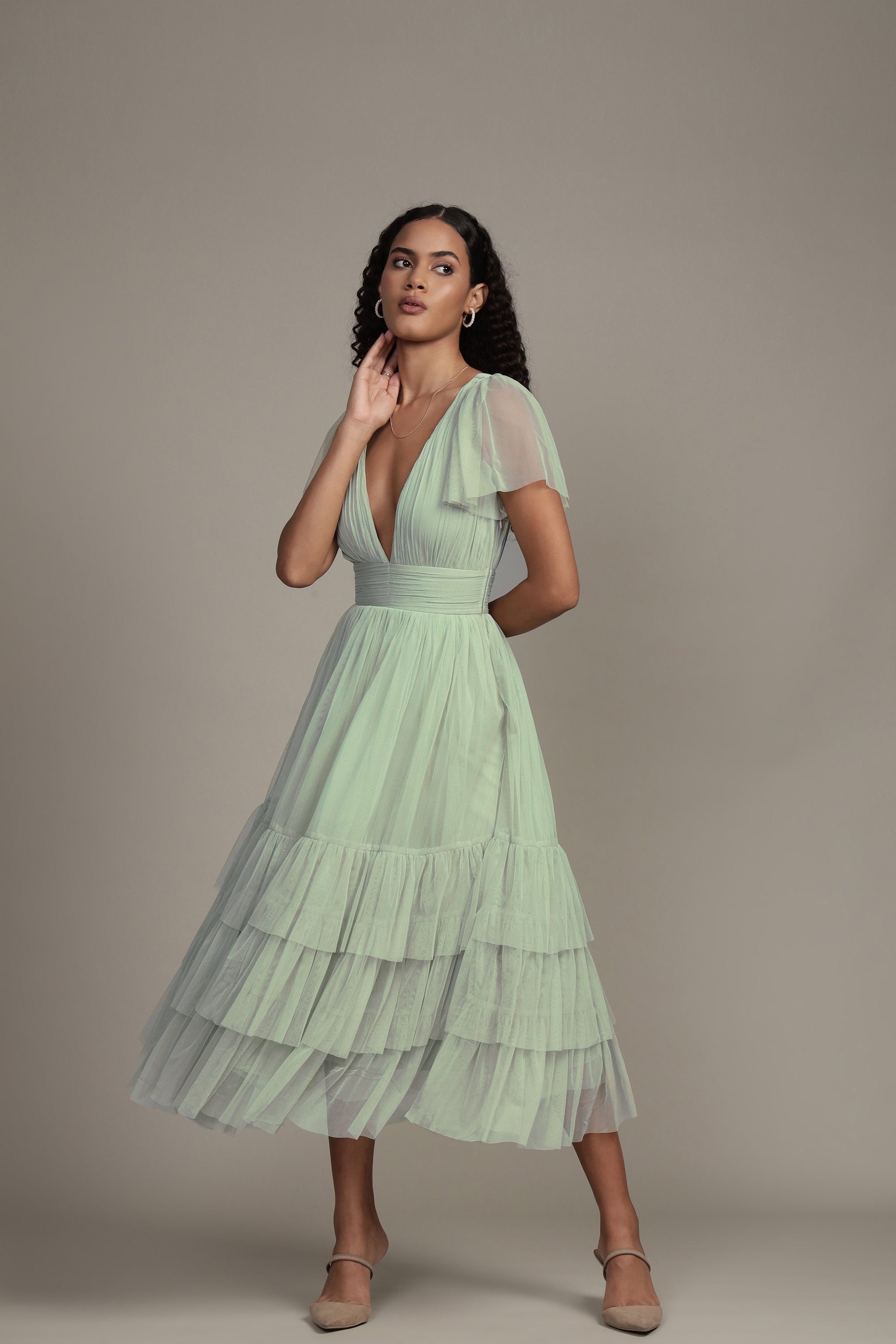 Madison Sage Green Tulle Bridesmaid Midi Dress