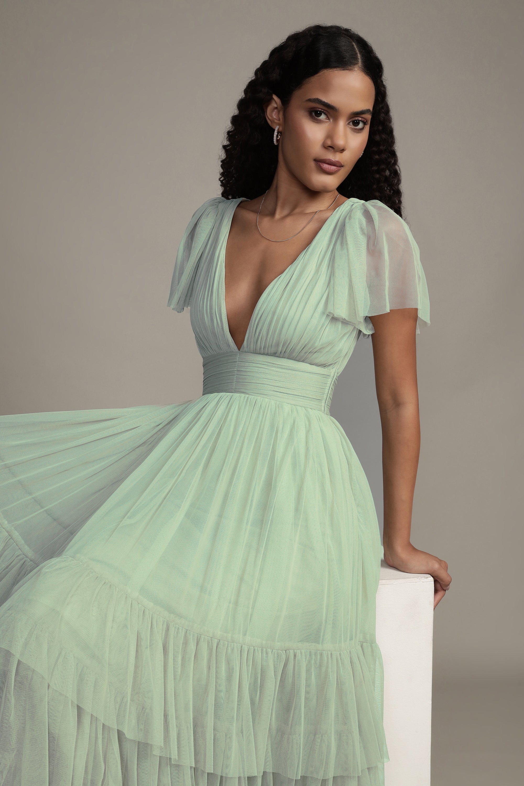 Madison Sage Green Tulle Bridesmaid Midi Dress