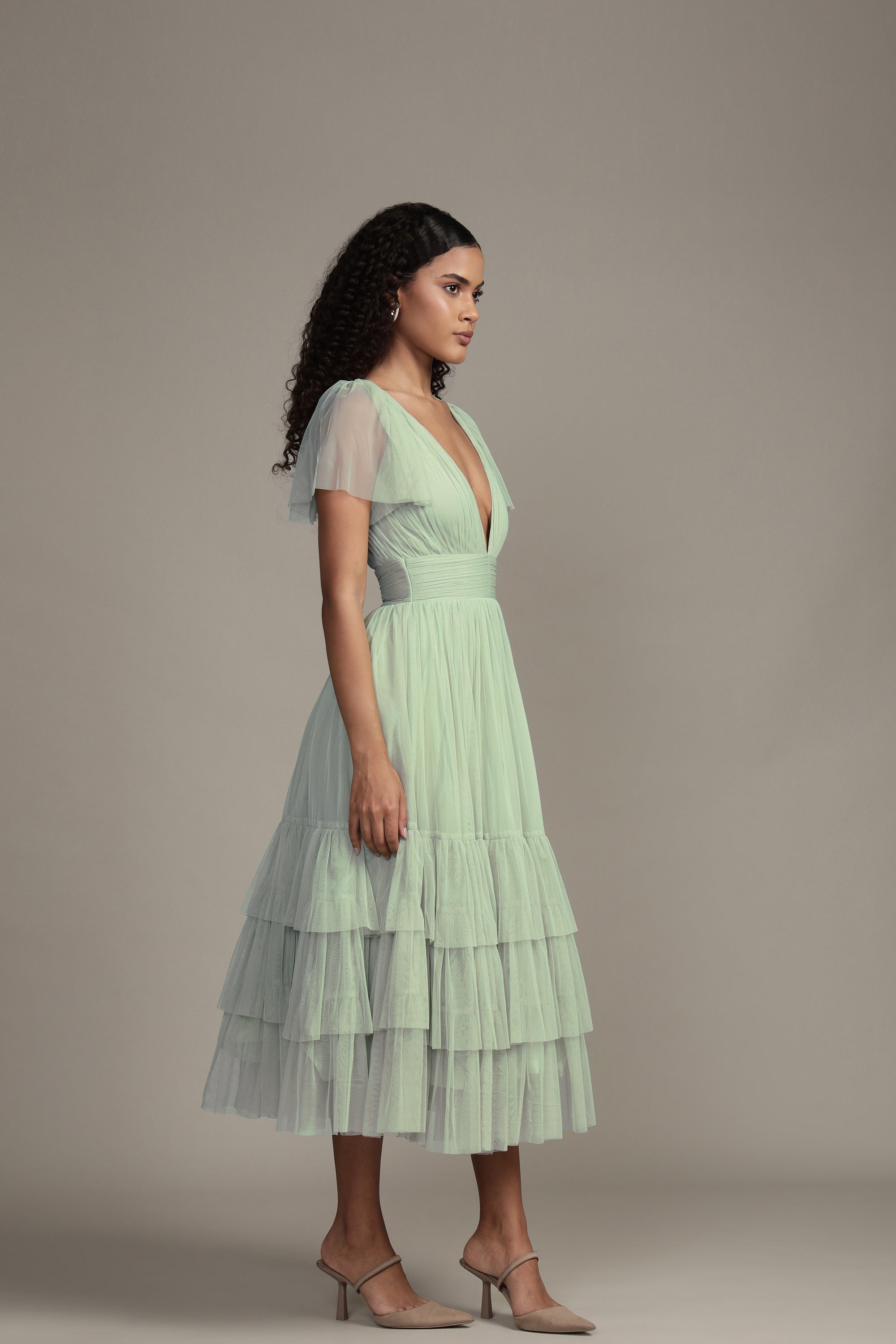 Madison Sage Green Tulle Bridesmaid Midi Dress