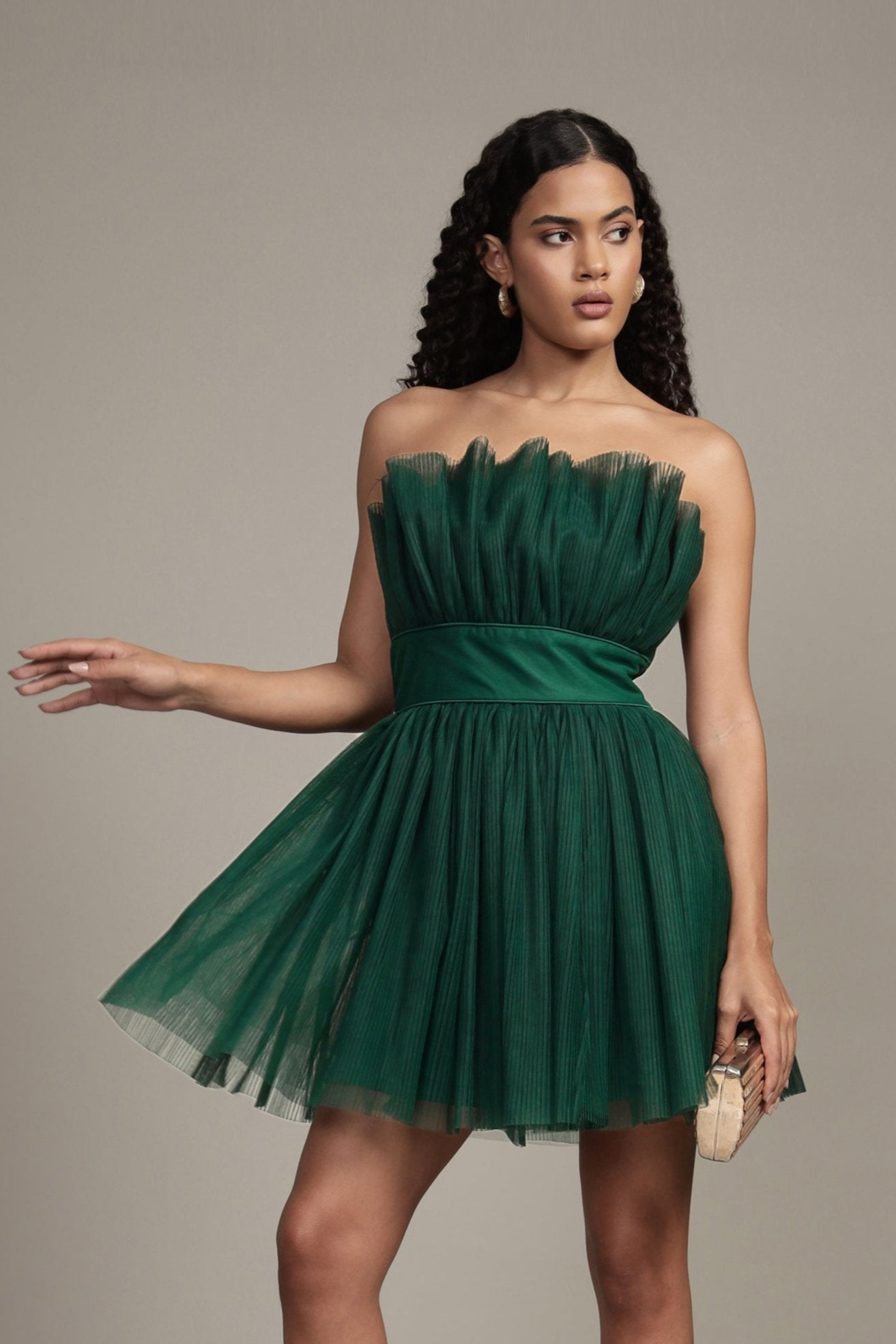 pleated strapless emerald green mini dress