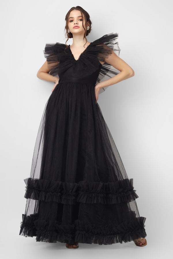 Black Mesh Plunge Ruffle Maxi Dress, Dresses