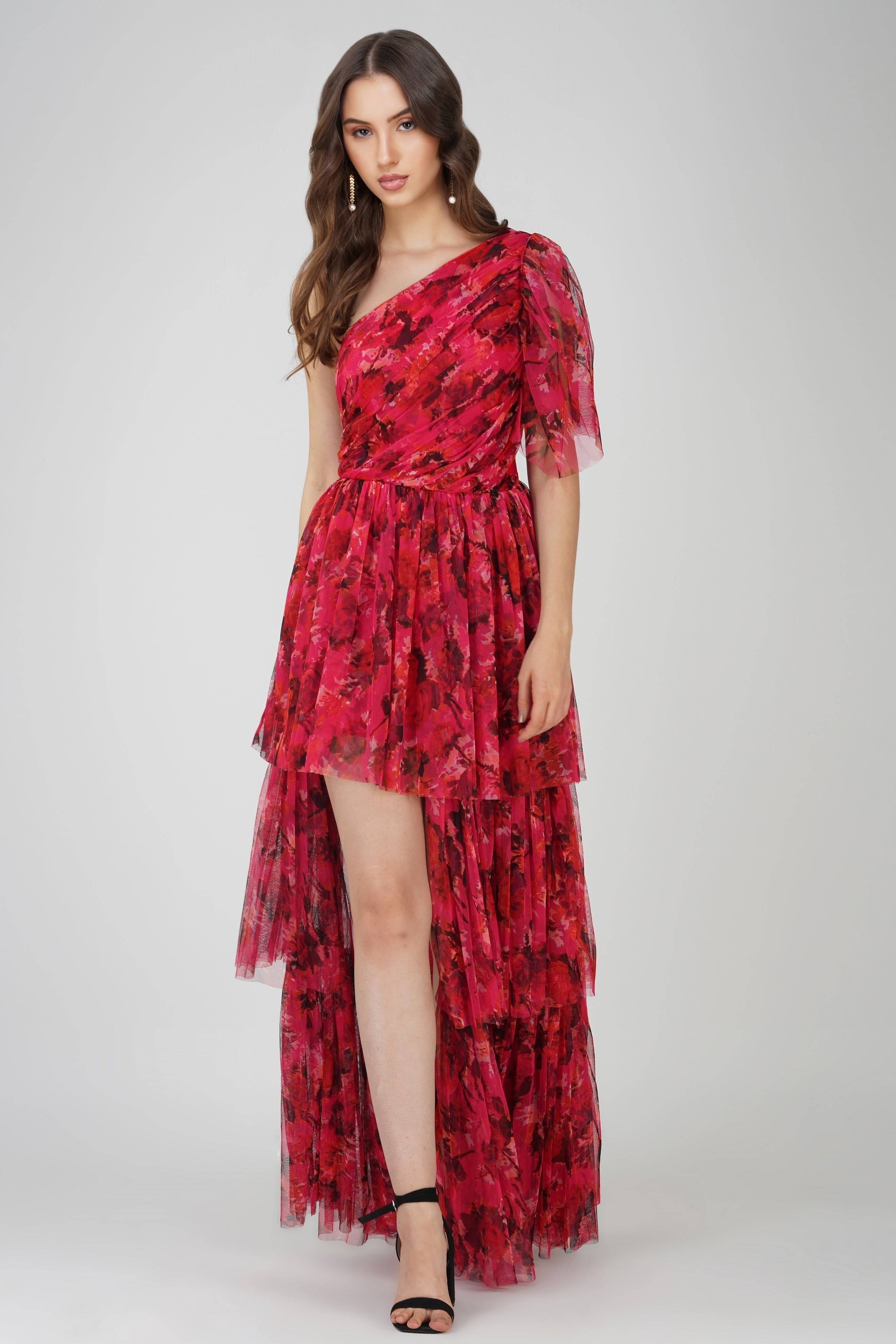 Rowena Red Pink Printed One Shoulder Maxi Dress