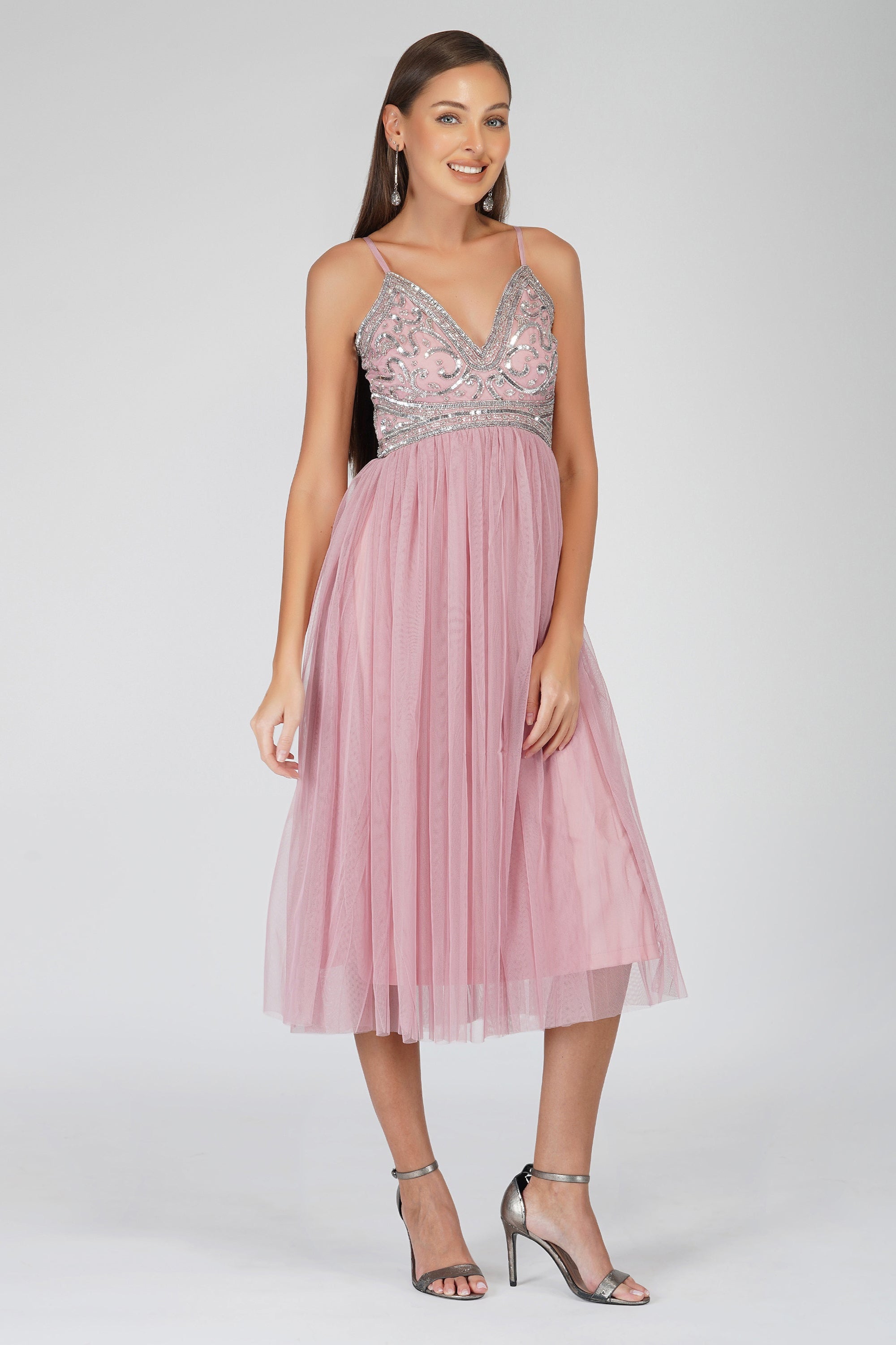 Ruhi Embellished Midi Dress in Mauve