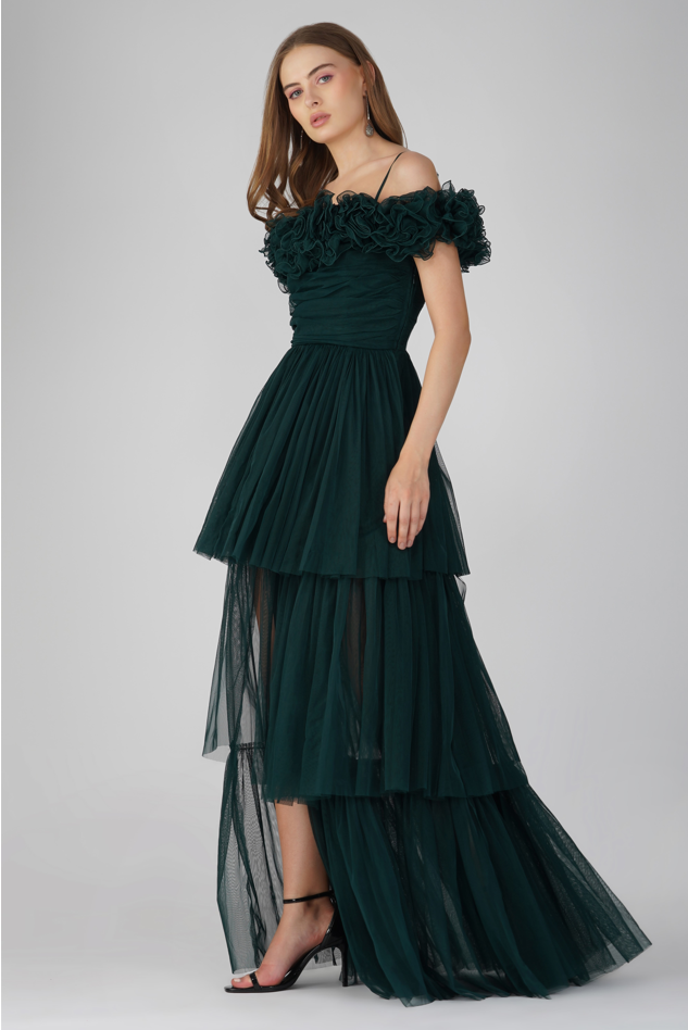 Sandy Tulle Maxi Dress in Emerald Green