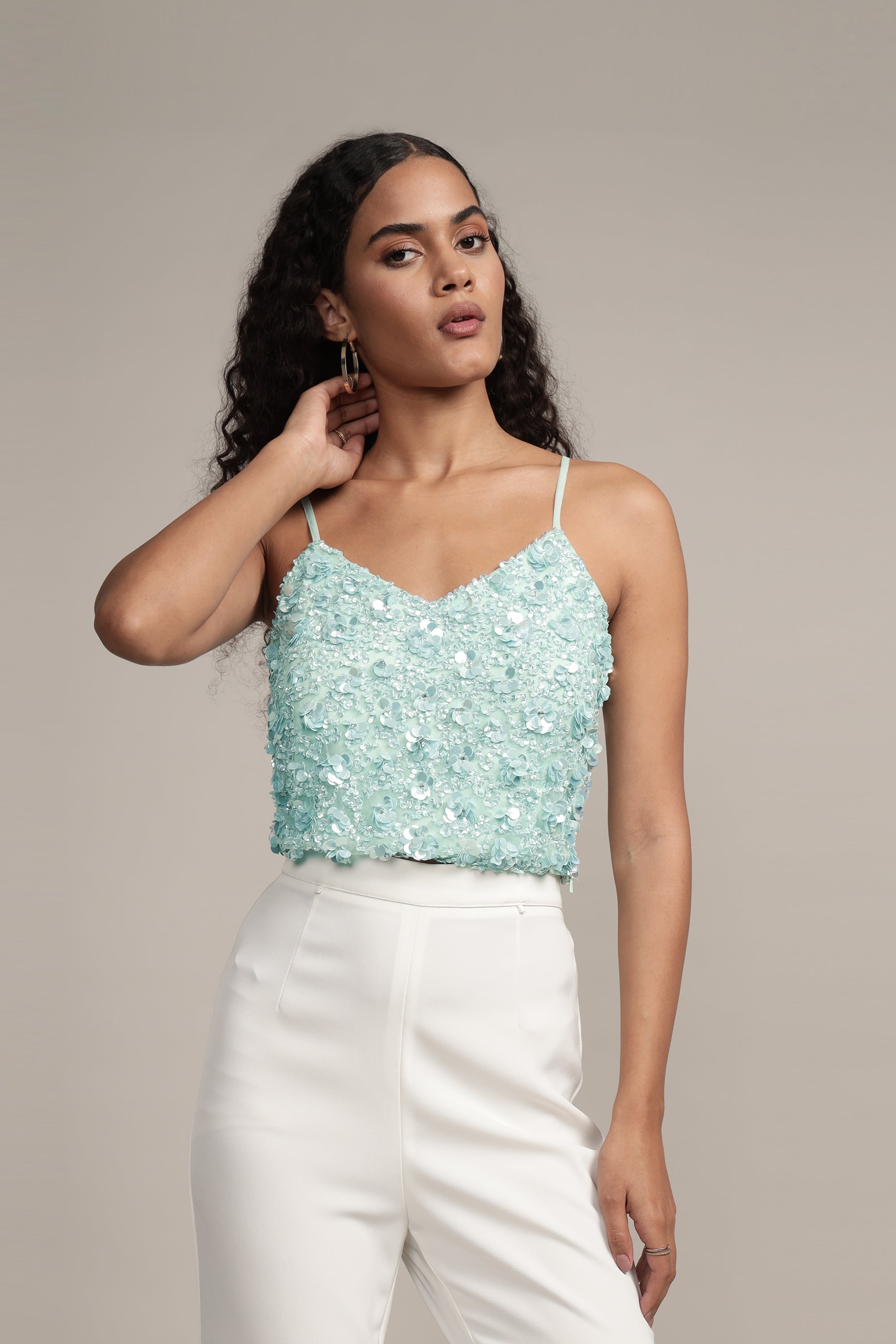 Sandy Sequin Cami Top in Aqua