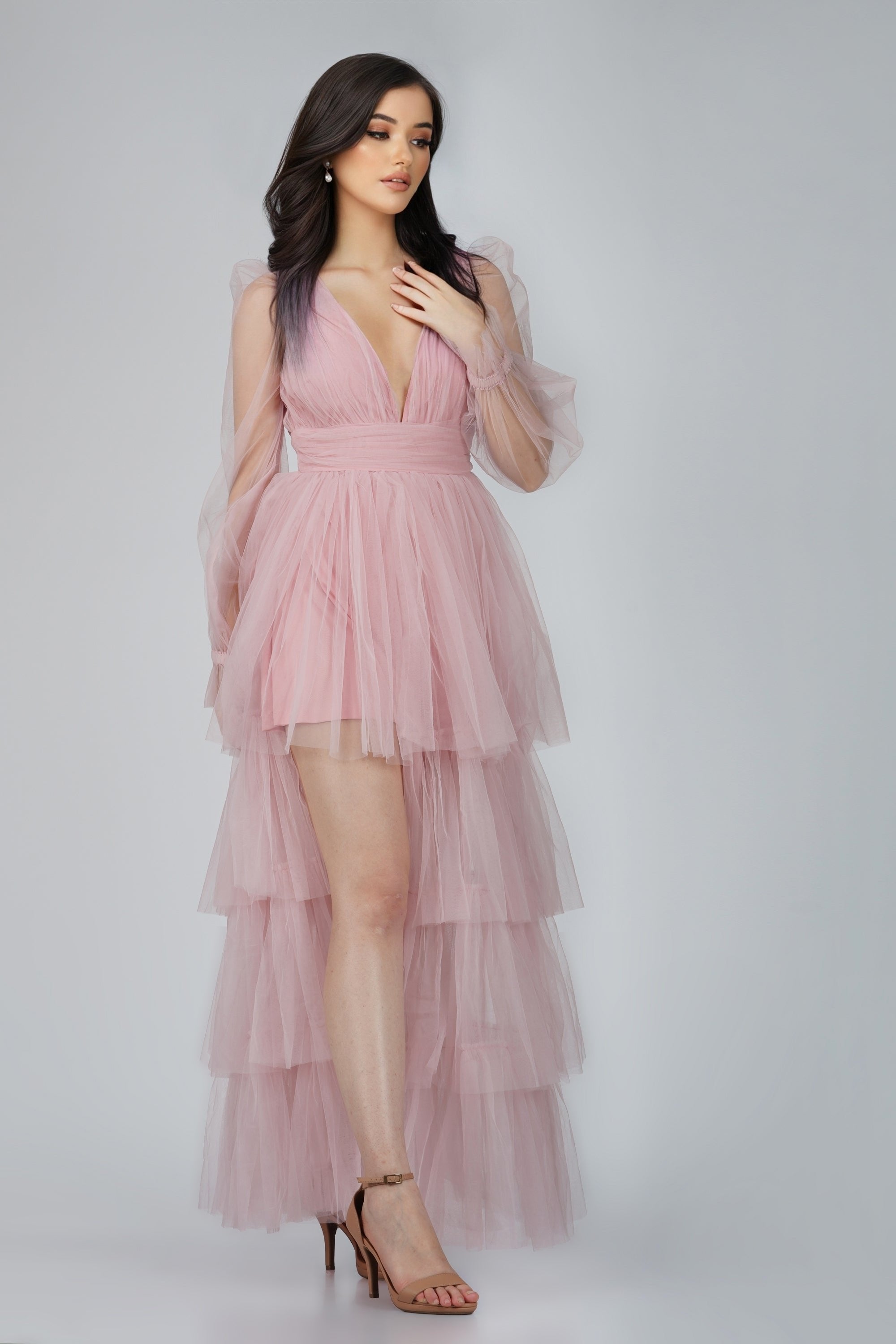 Salma Long Sleeve Tulle Maxi Dress in Pink