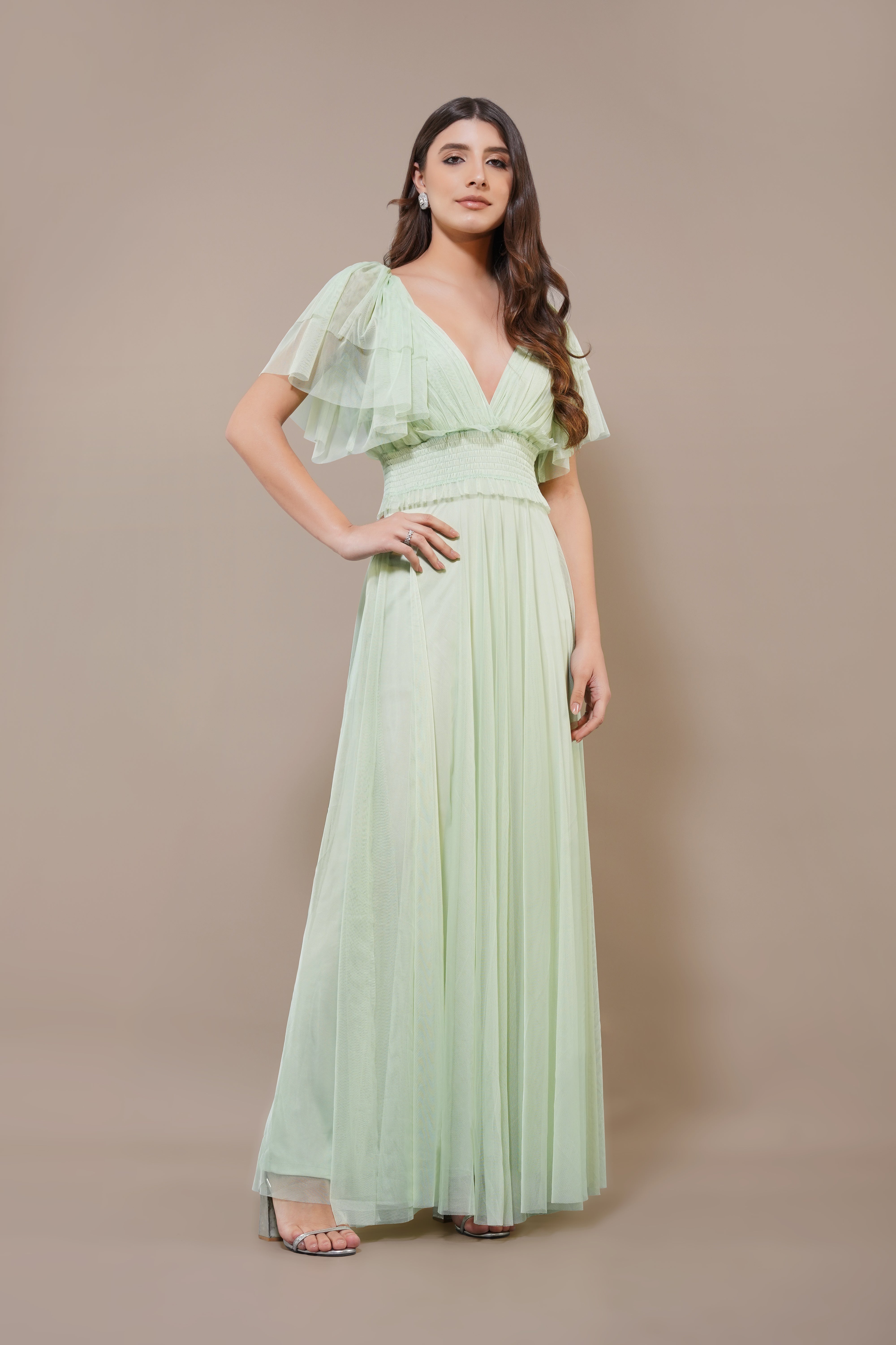 Plunge v-neck tulle maxi dress sage green