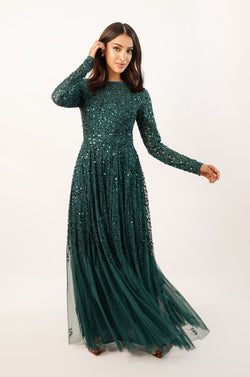 Sila Long Sleeve Embellished Maxi Dress in Emerald Green – Lace