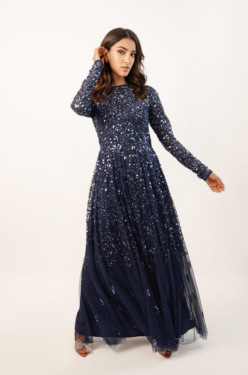 Sila Long Sleeve Embellished Maxi Dress in Dark Blue – Lace & Beads