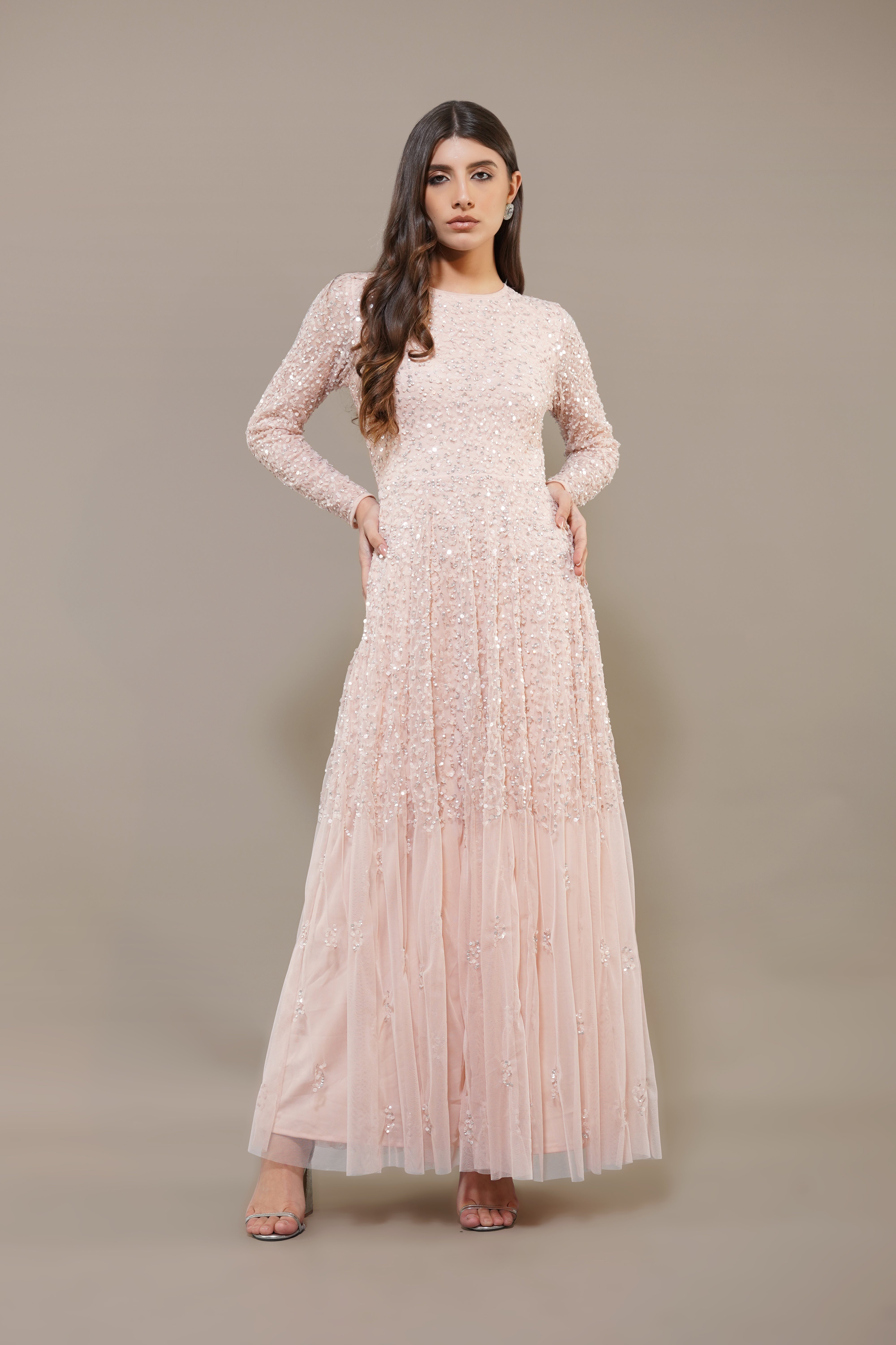 Sila Long Sleeve Embellished Maxi Dress in Blush Pink