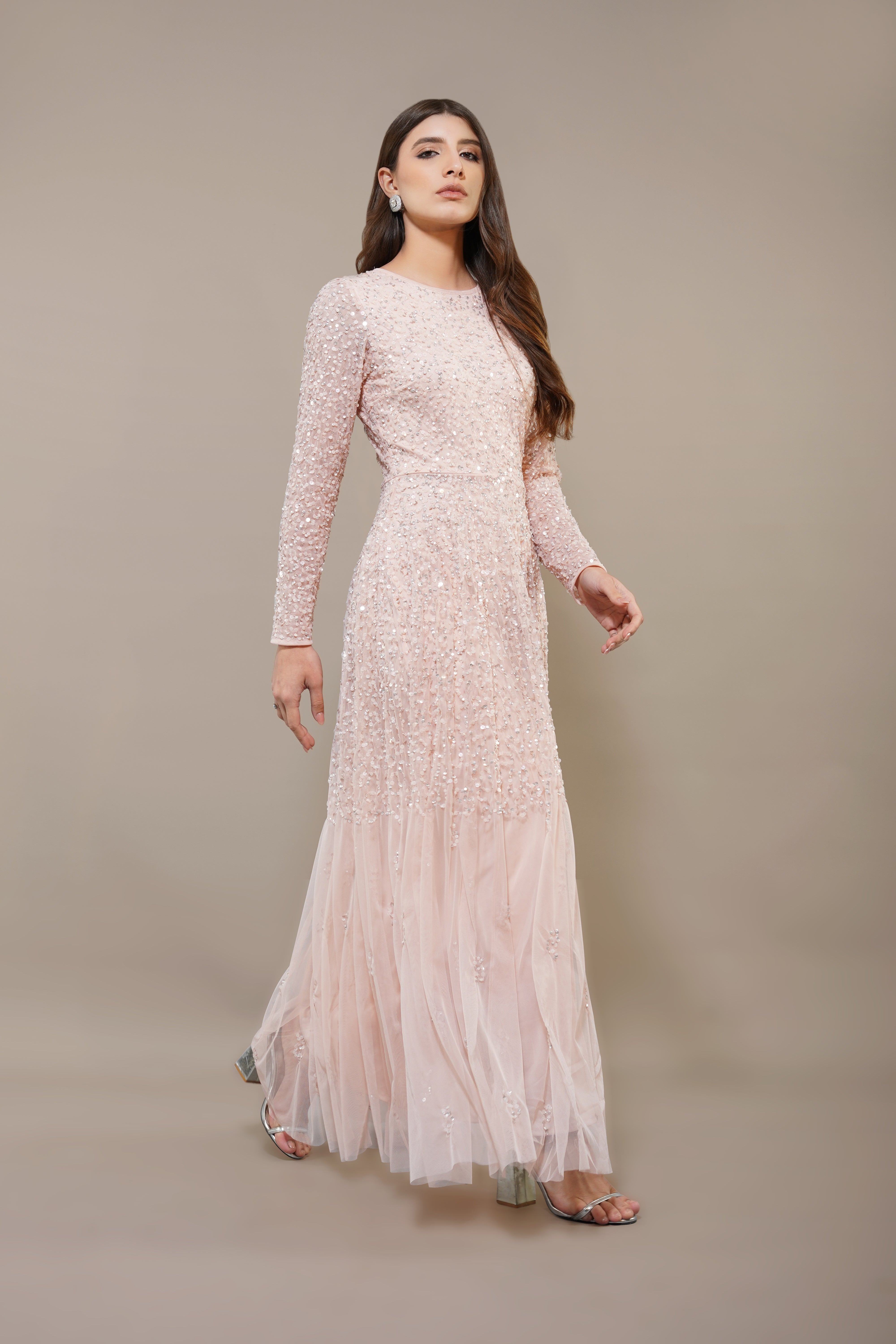 Sila Long Sleeve Embellished Maxi Dress in Blush Pink