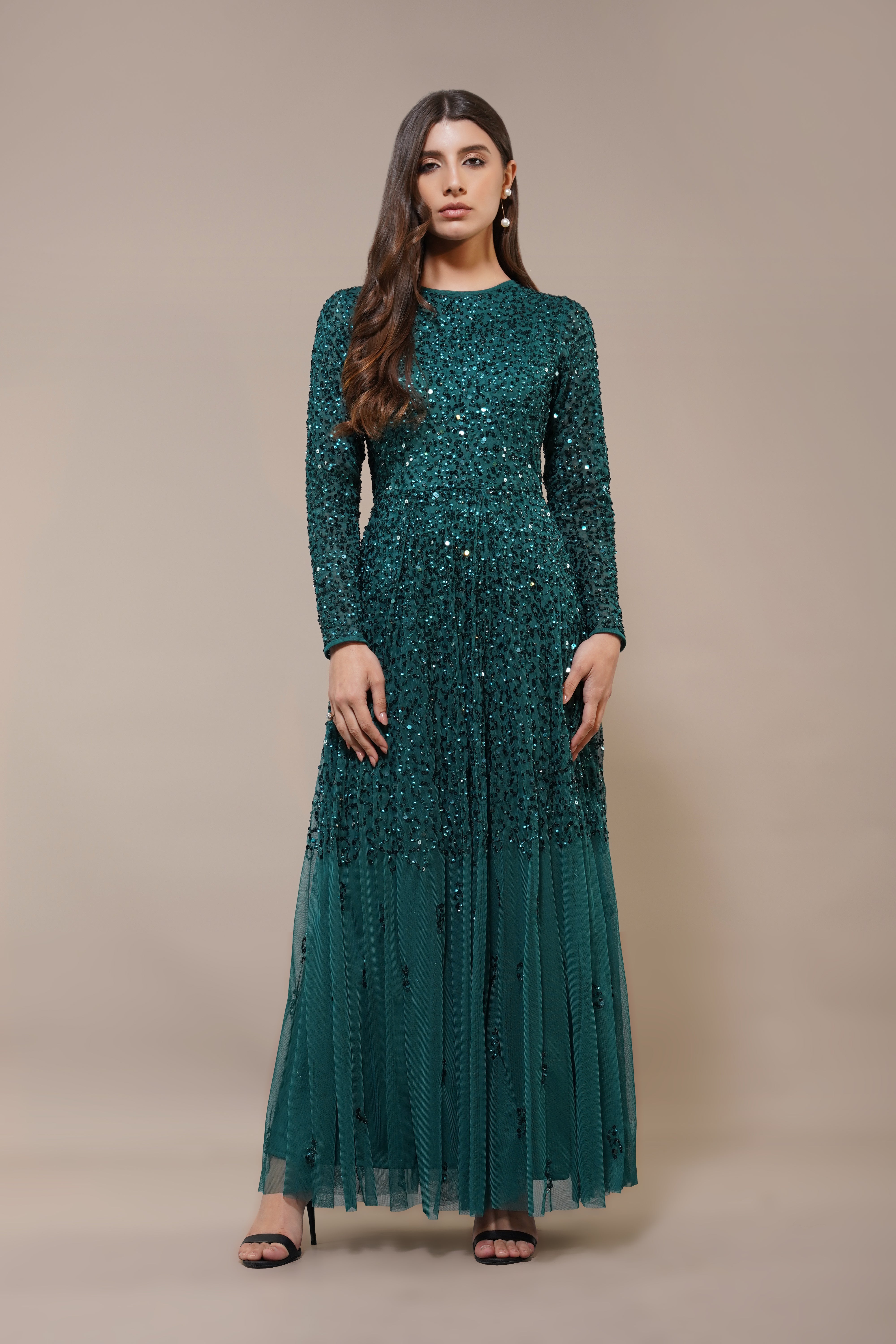 Modest Embellished Sequin Maxi Dress Long-sleeve Emerald Green Wedding Occasion