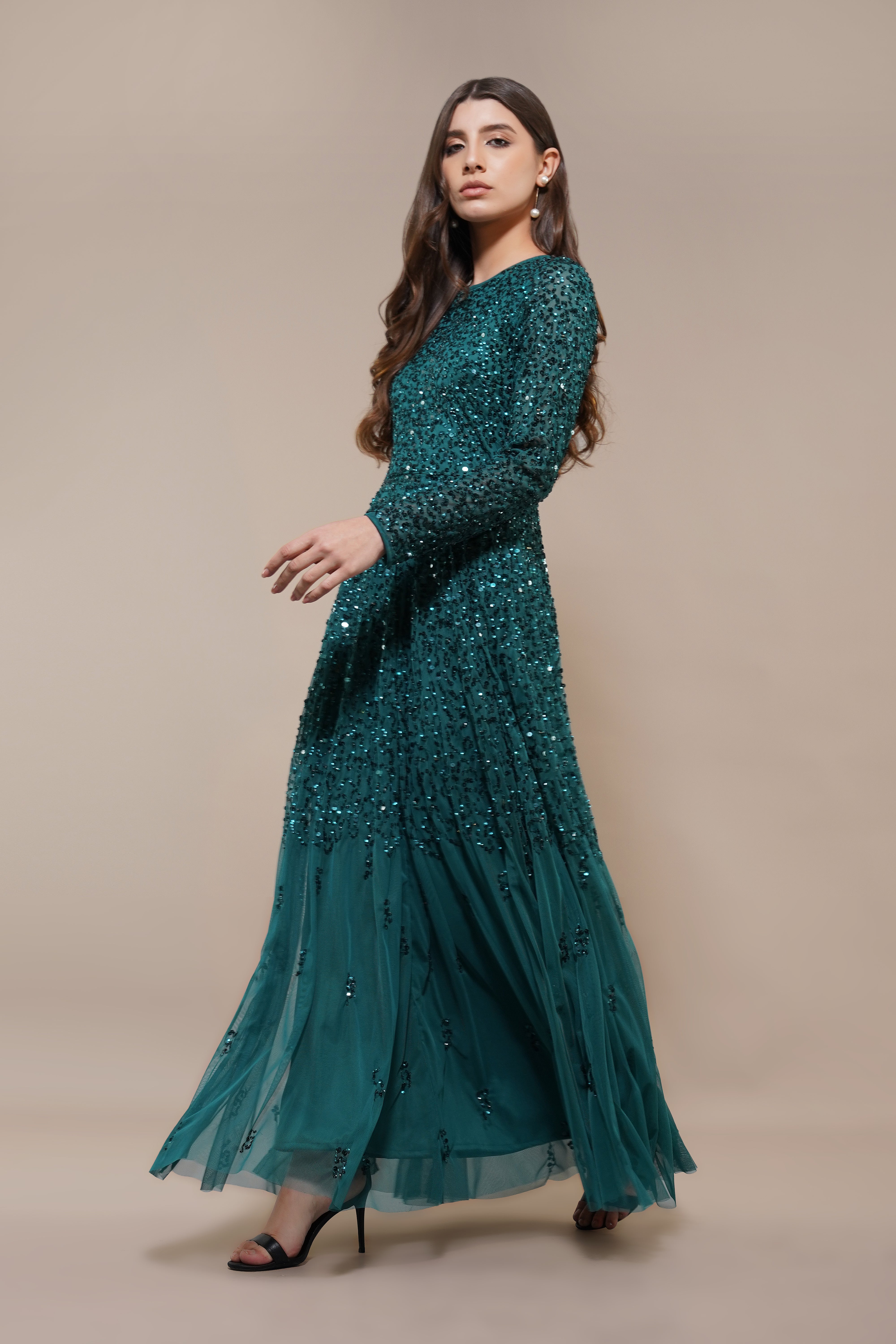 Sila Long Sleeve Embellished Maxi Dress in Emerald Green