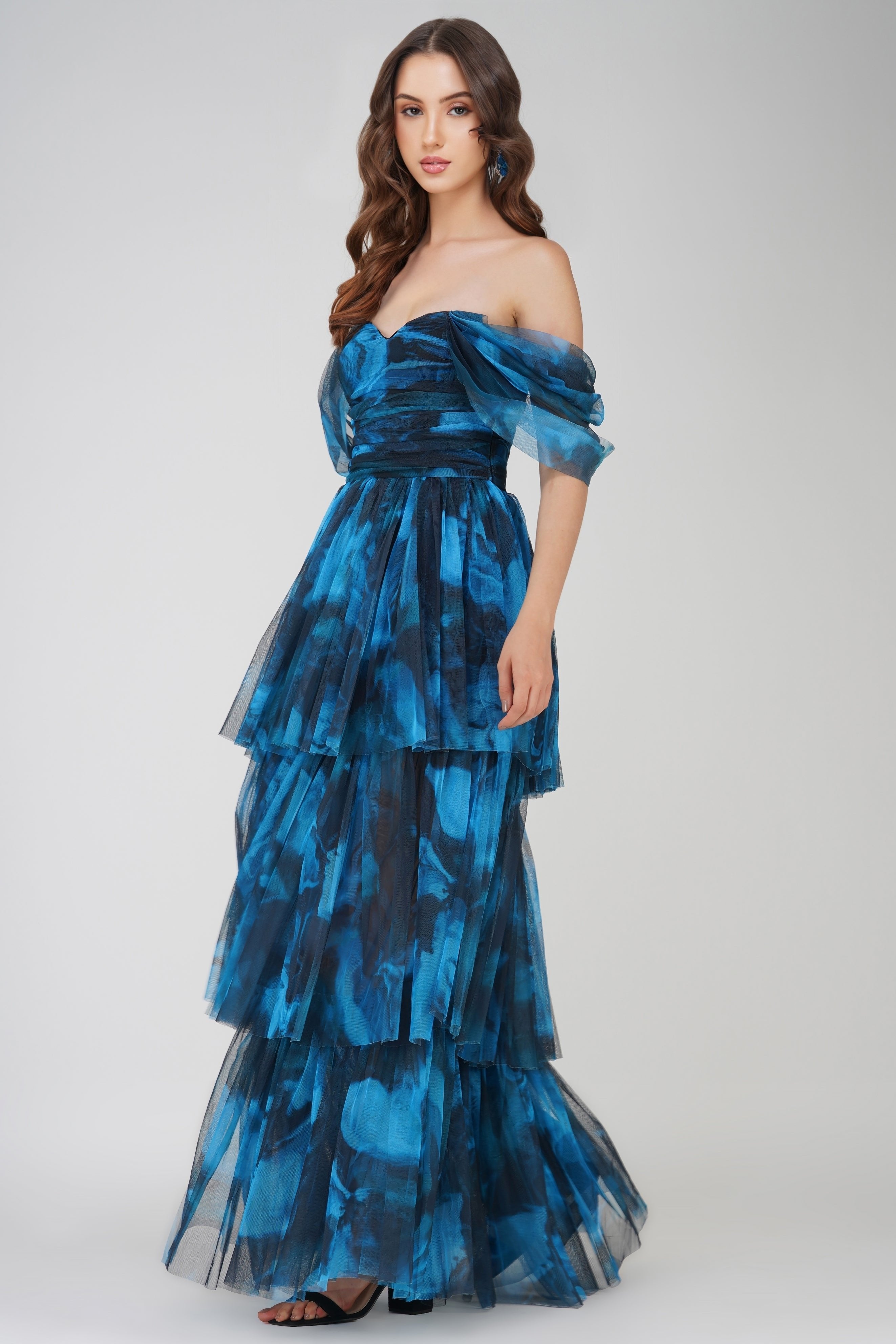 Sydney Tulle Maxi Dress in Blue Watercolour