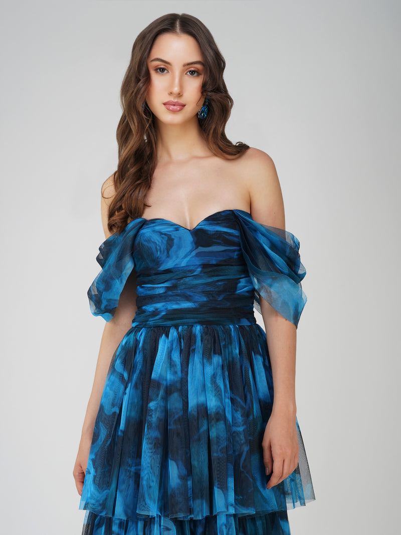 Sydney Tulle Maxi Dress in Blue Watercolour