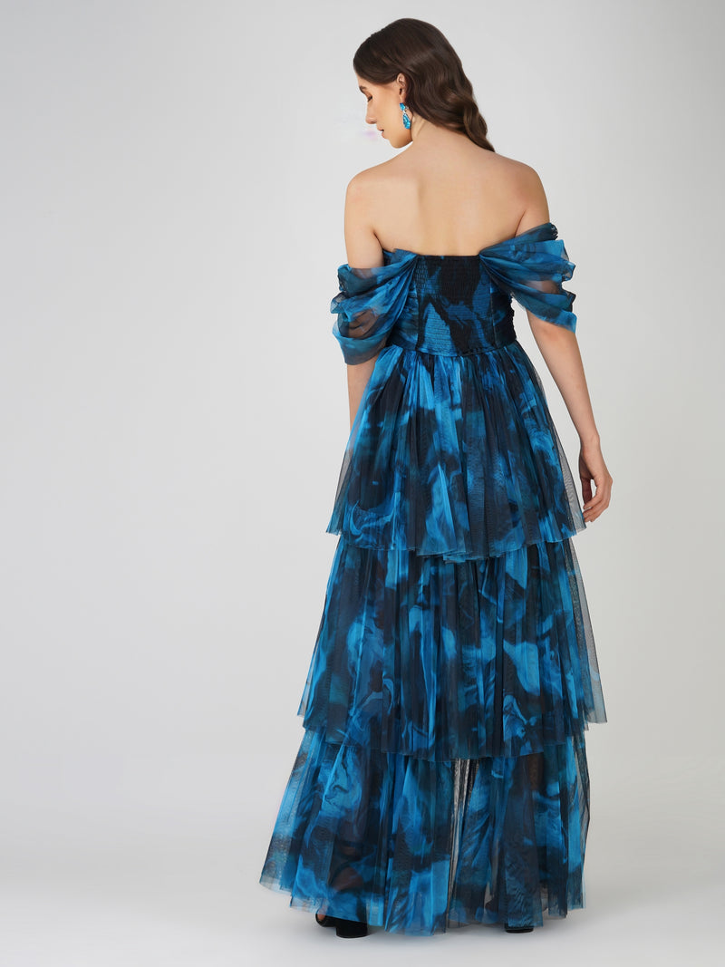 Sydney Tulle Maxi Dress in Blue Watercolour