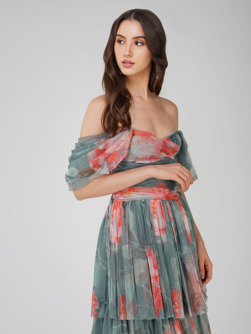 Sydney Tulle Maxi Dress in Sage Green Floral